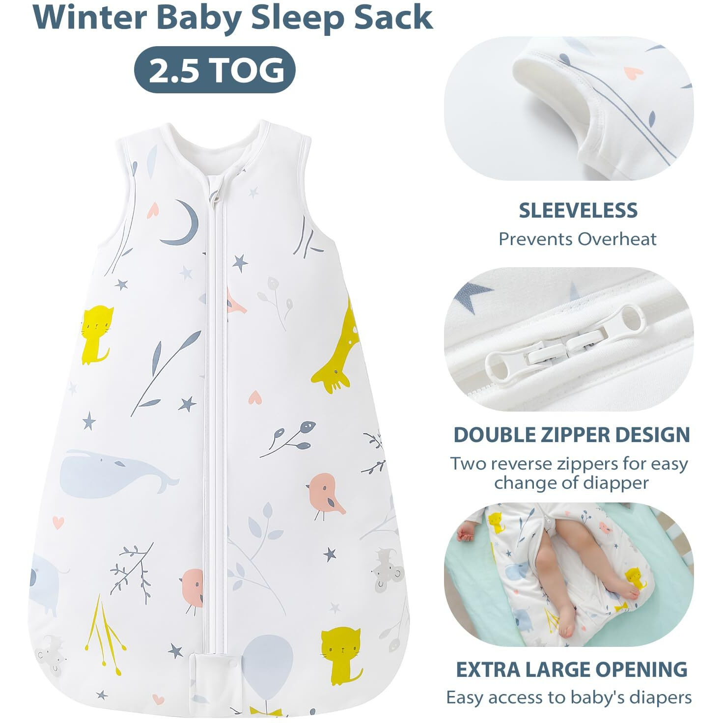 Mosebears Sleep Sack Baby Winter Wearable Blanket With 2-Way Zipper,2.5 Tog Cotton Sleep Sack Unisex (White Animal, 0-6 Months)
