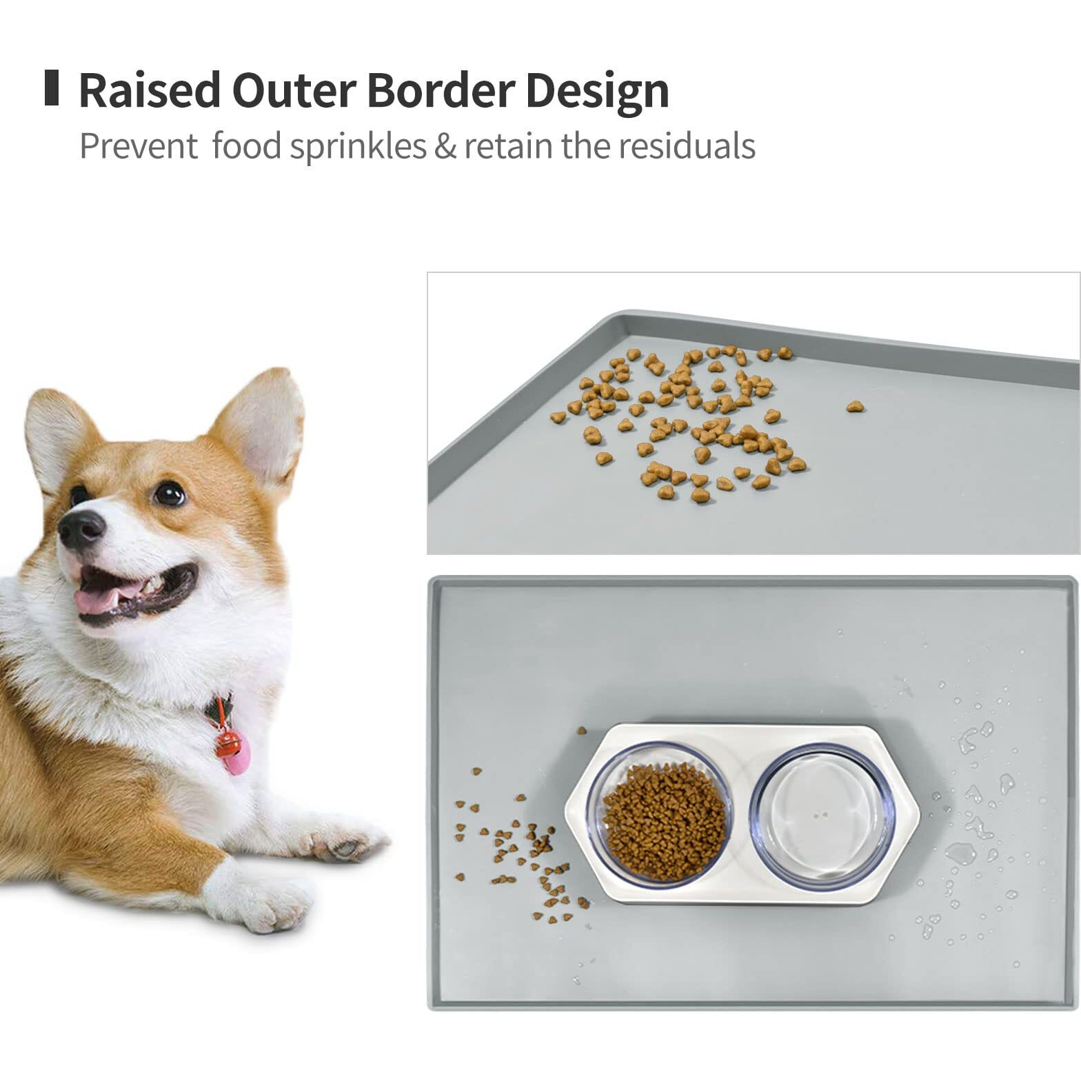 Eiokit Dog Food Mat,Silicone Waterproof Food Tray,Non Slip Pet Bowl Mats Placemat,0.6" Raised Edge,Suitable For Most Small And Medium Sized Pets,18.5" X 11.5"