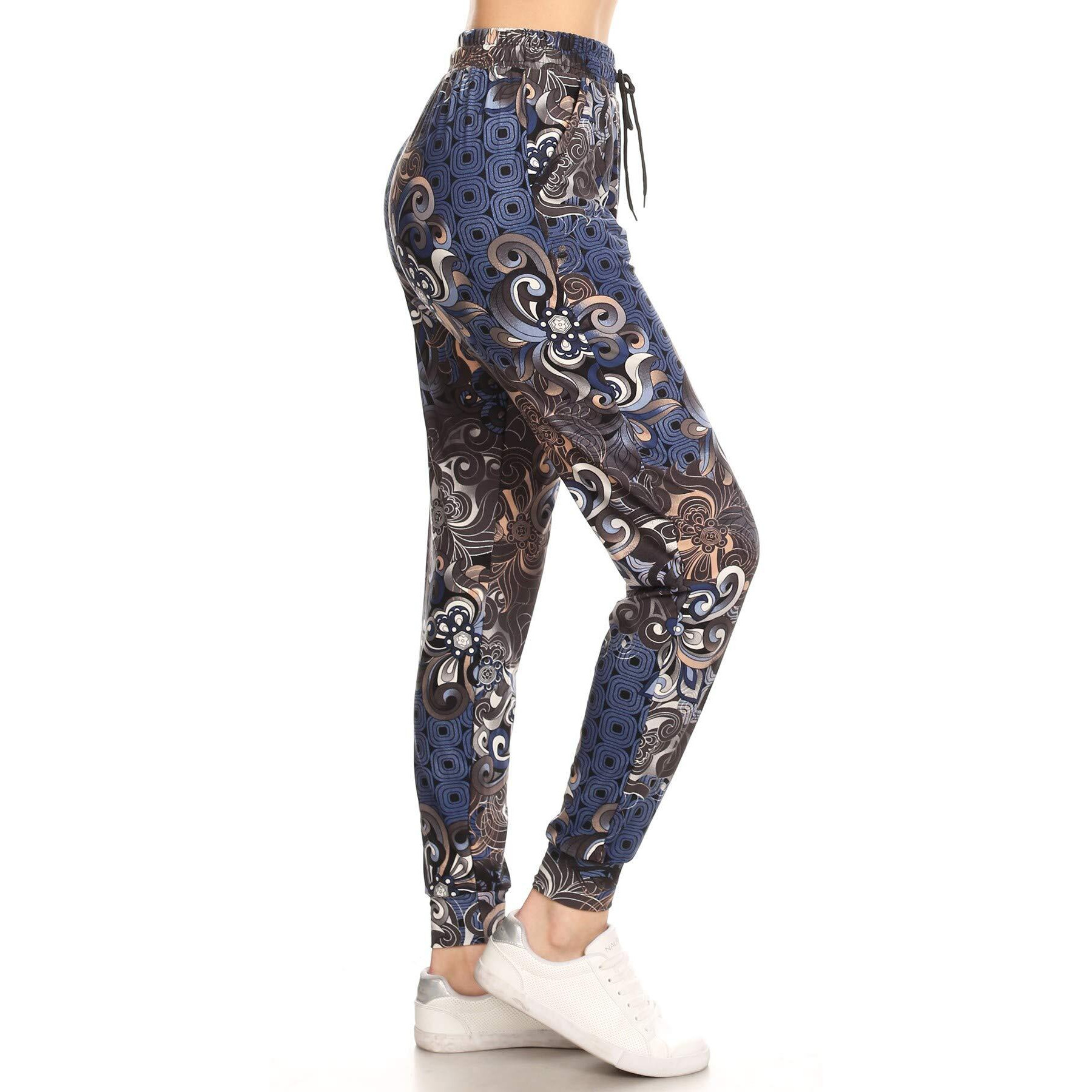 Leggings Depot Jga-R773-L Modern Floral Print Jogger Pants W/Pockets, Large