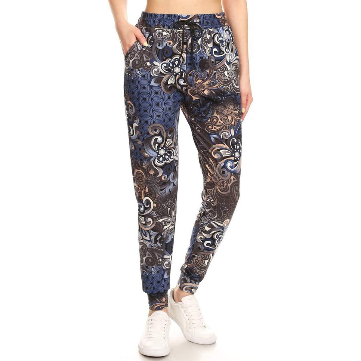 Leggings Depot Jga-R773-L Modern Floral Print Jogger Pants W/Pockets, Large