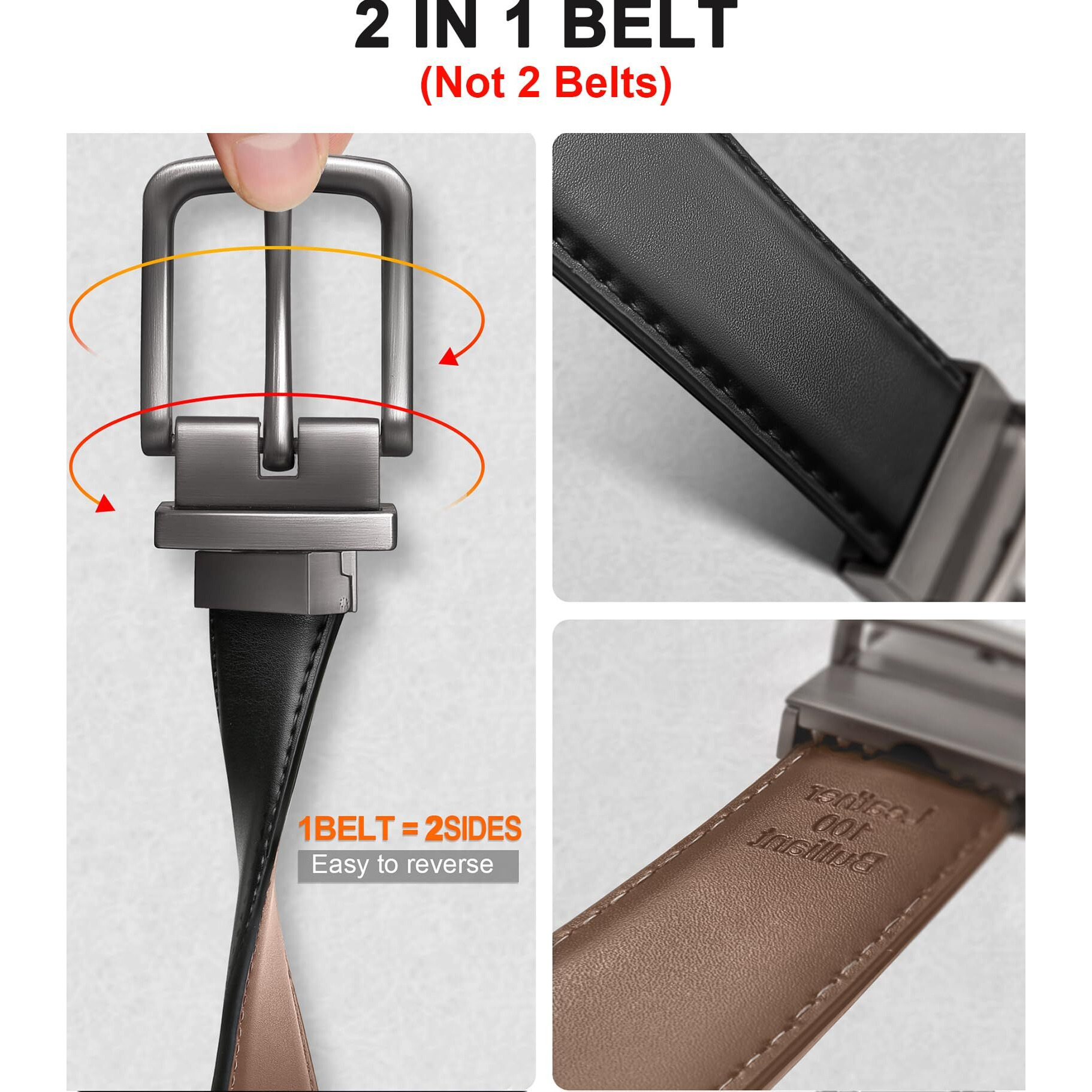 Bulliant Men's Belt,Reversible Belt 1.25" For Gift Mens Casual Golf Dress Pants Shirts,One Reverse For 2 Sides(Black/Tawny,46"-48" Waist Adjustable)