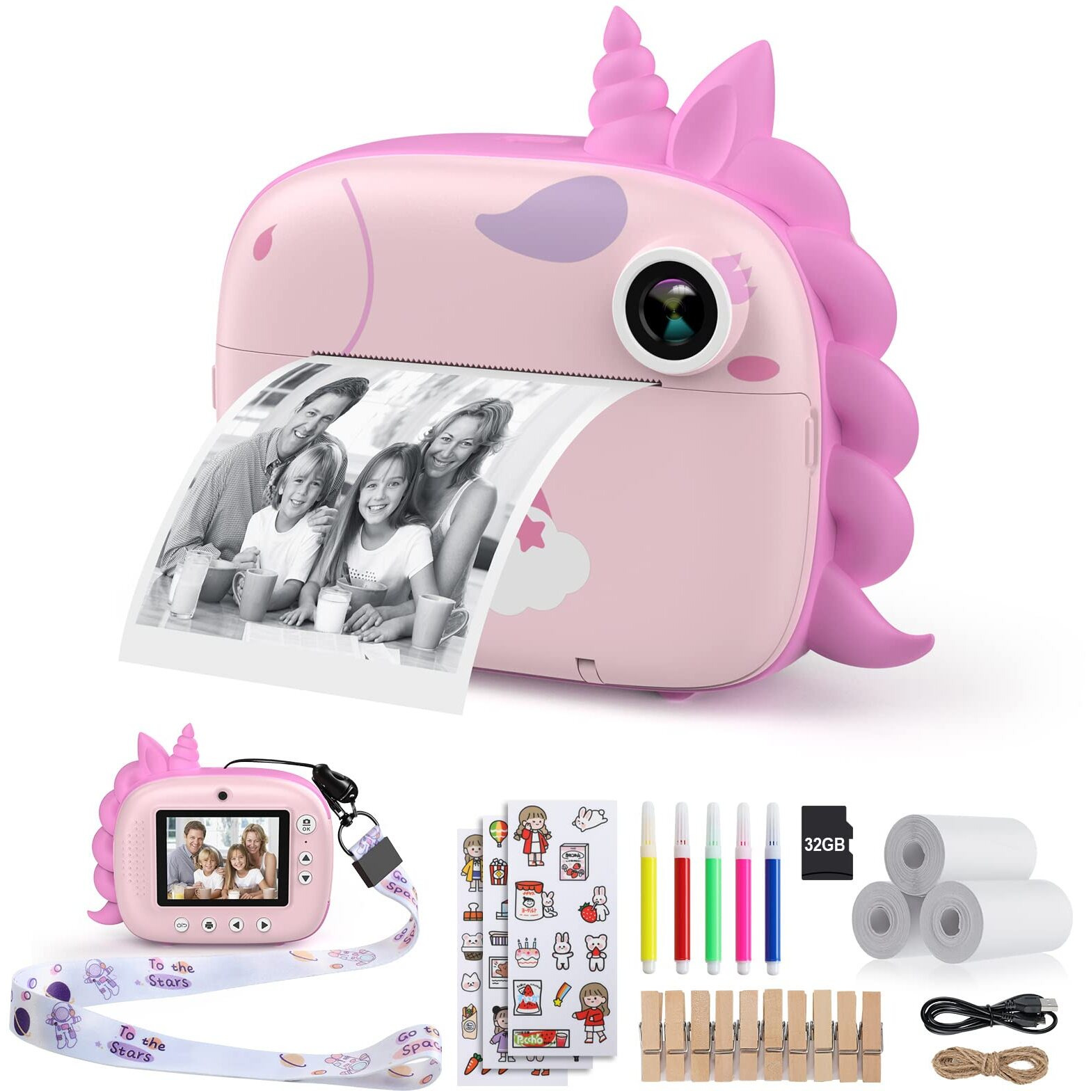 Himont Kids Camera Instant Print, Digital Camera For Kids With Zero Ink Print Paper & 32G Tf Card, Selfie Video Camera With Color Pens & Photo Clips For Diy, Gift For Girls Boys 3-12 Years Old (Pink)