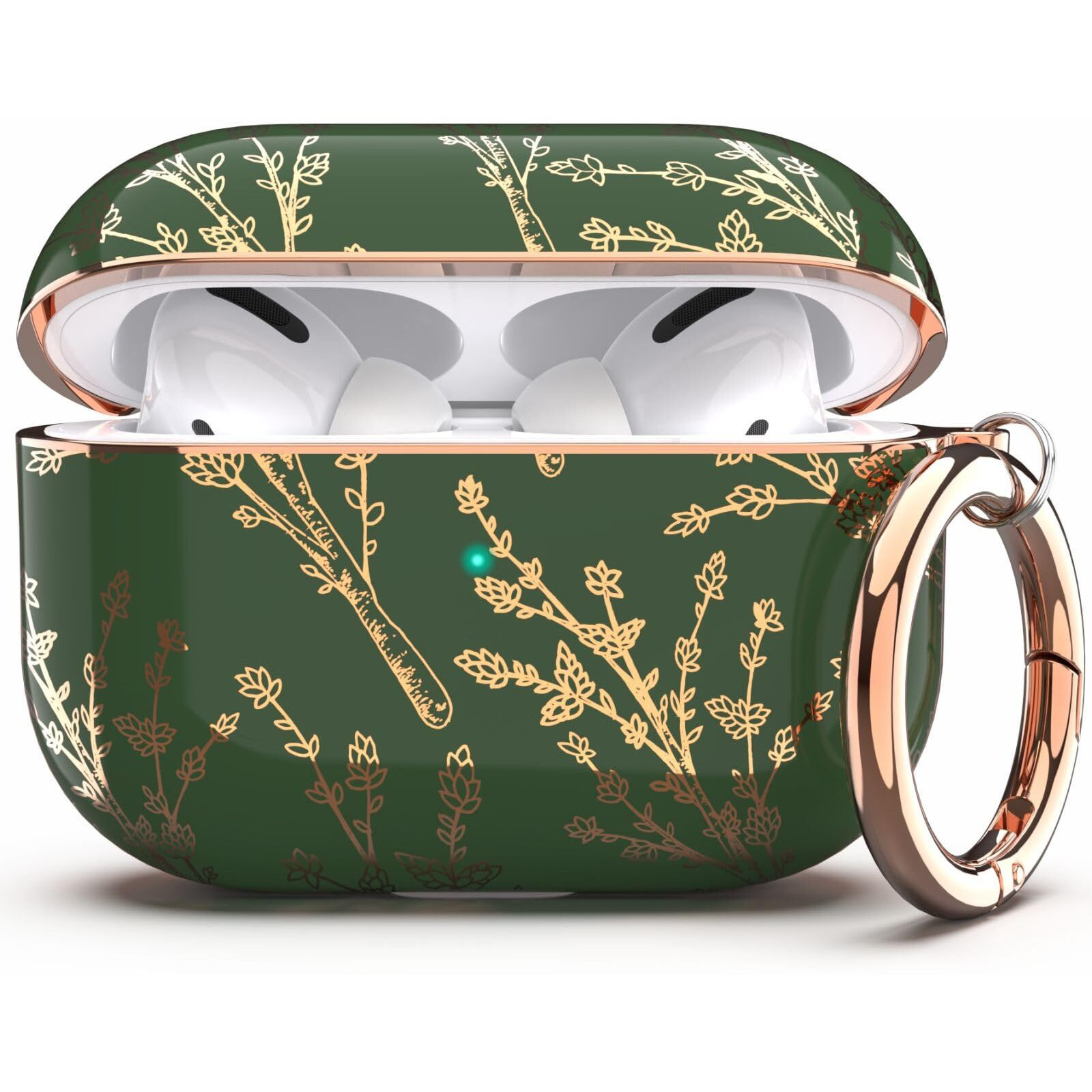 Tatofy Case Cover For Airpods Pro 2019,Stylish Airpods Pro Case For Women Girls, Flower Patterns Protective Hard Case With Clip (Golden Green)