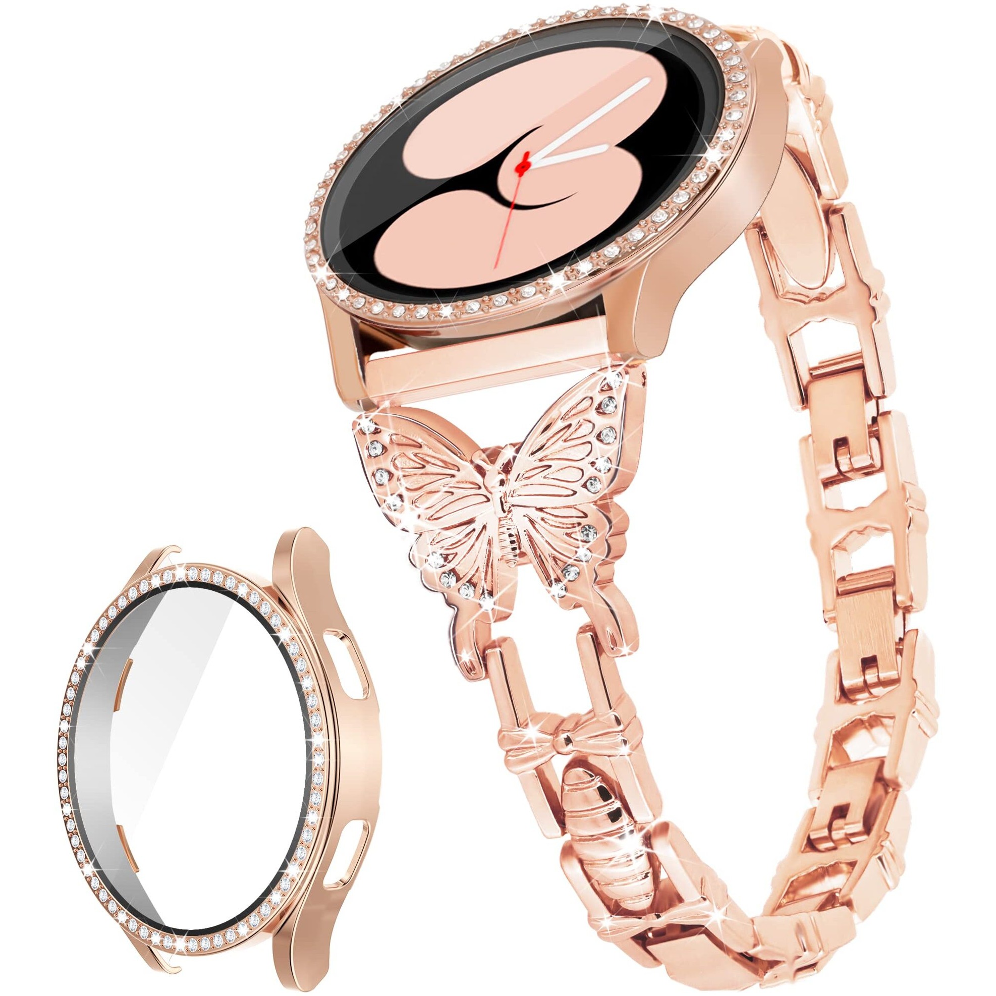 G-Ficu Butterfly Band Compatible With Samsung Galaxy Watch 4 & 5 Band-40Mm With Screen Protector Case, 20Mm Quick Release Women Diamond Cute Metal Slim Watch Band & Bling Protective Cover Case (Rose Gold)