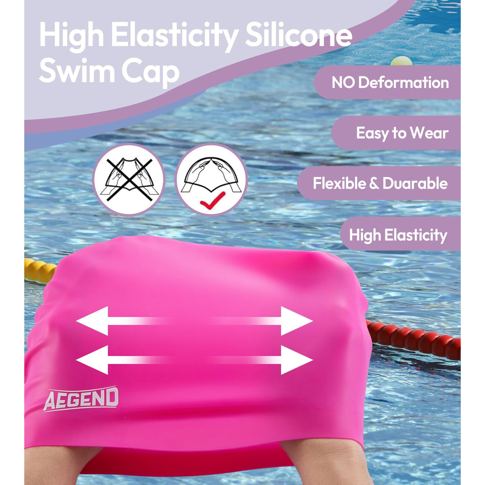 Aegend Swim Caps For Long Hair, Durable Silicone Swimming Caps For Women Men Adults Youths, Easy To Put On And Off, Waterproof Swim Hats Bathing Caps To Keep Hair Dry, 2 Pack, Black Pink