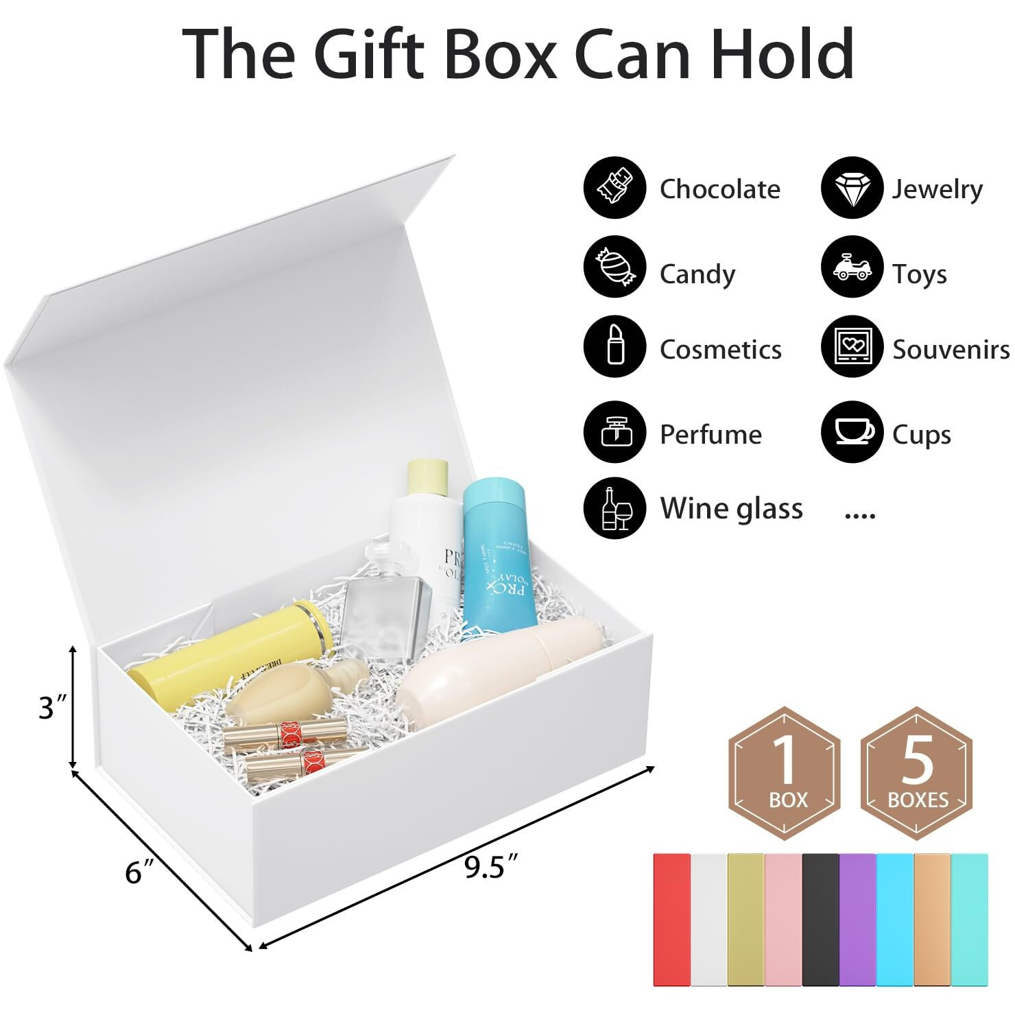 Ryddoy 5 Pack White Gift Box, 9.5X6X3'' Gift Boxes For Presents With Lids Magnetic Closure Rectangle Collapsible For Bridesmaid Proposal Box, Wedding, Christmas, Halloween, Birthday Gift Packging