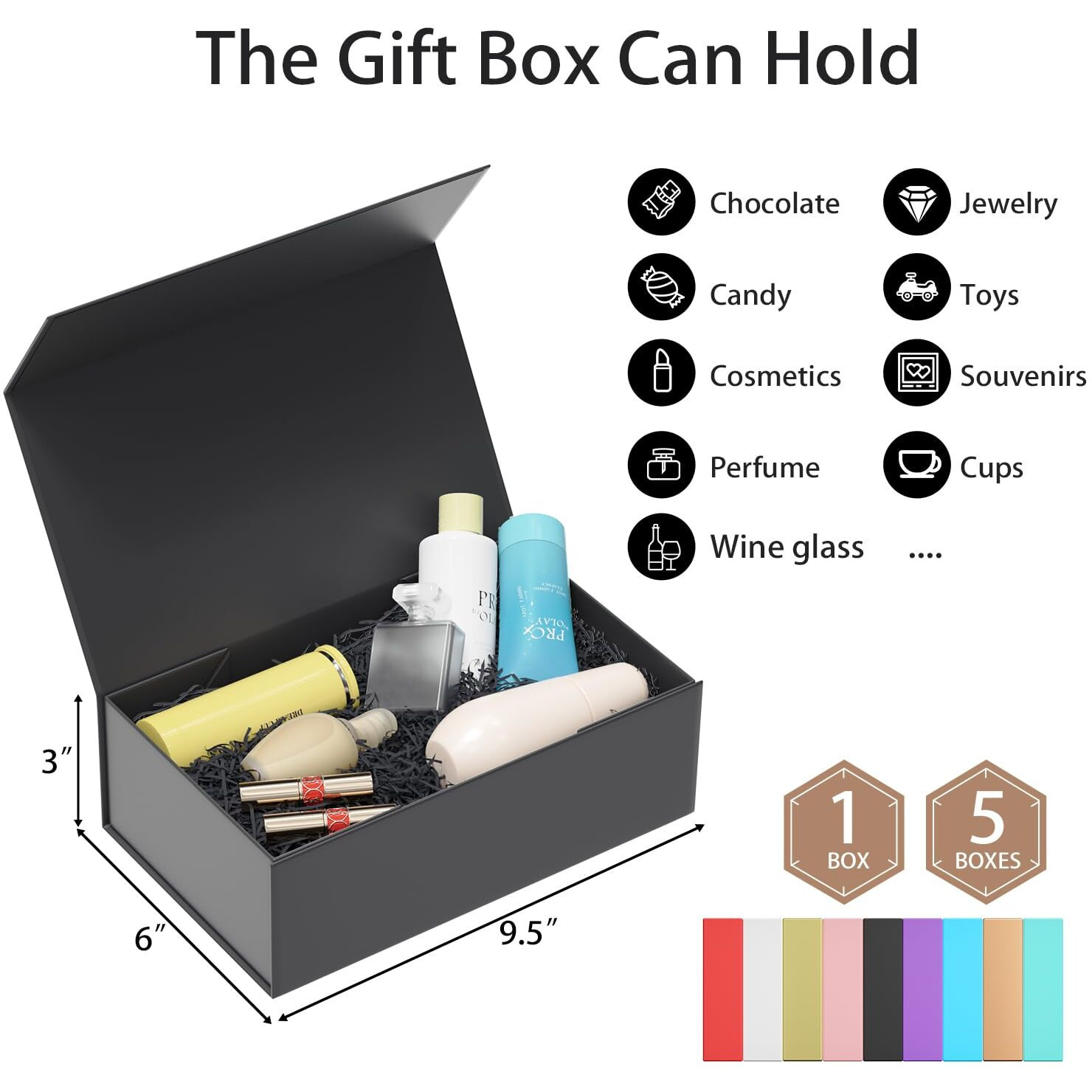 Ryddoy 5 Pack Black Gift Box, 9.5X6X3'' Gift Boxes For Presents With Lids Magnetic Closure Rectangle Collapsible For Groomsman Proposal Box, Wedding, Christmas, Halloween, Birthday Gift Packging