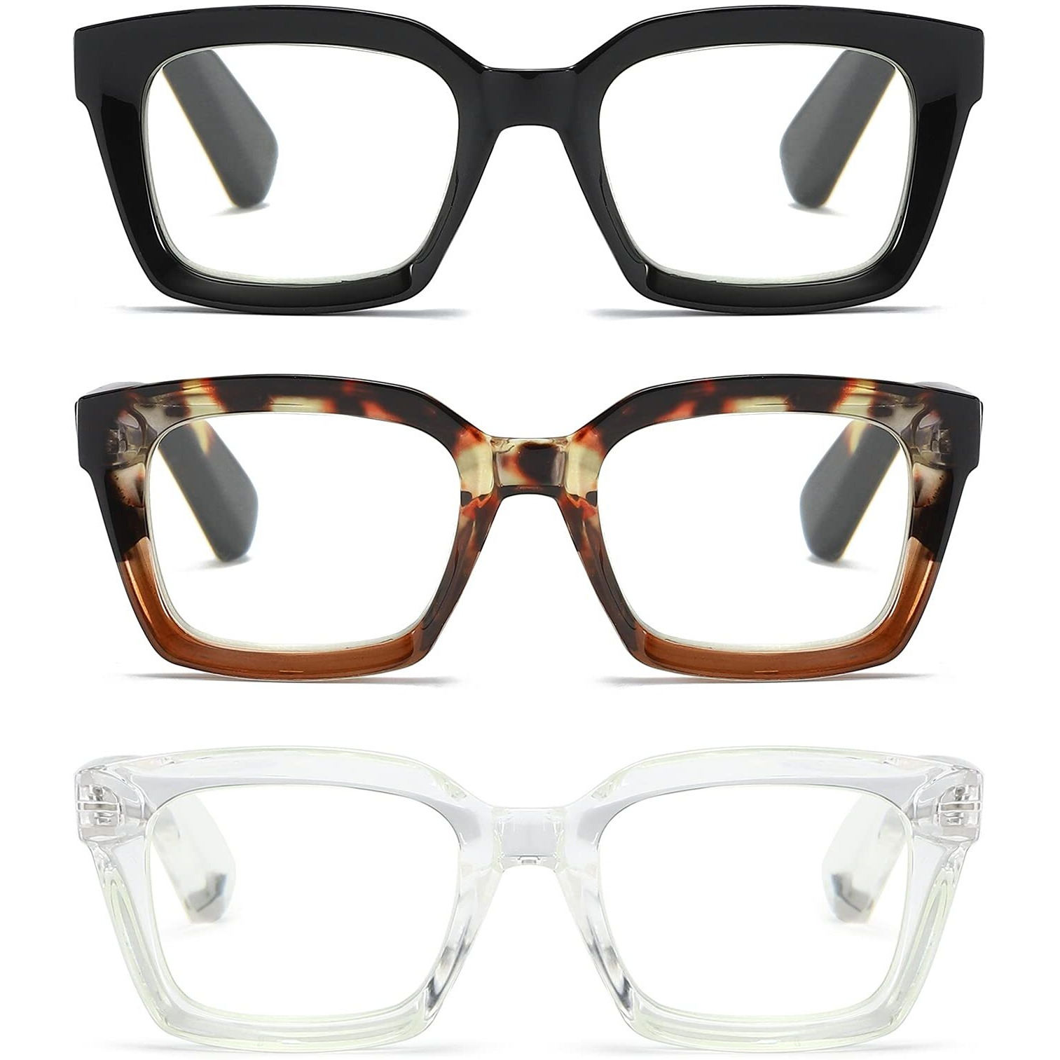 Zxyoo 3 Pack Oversize Square Design Reading Glasses For Women, Blue Light Blocking Reader