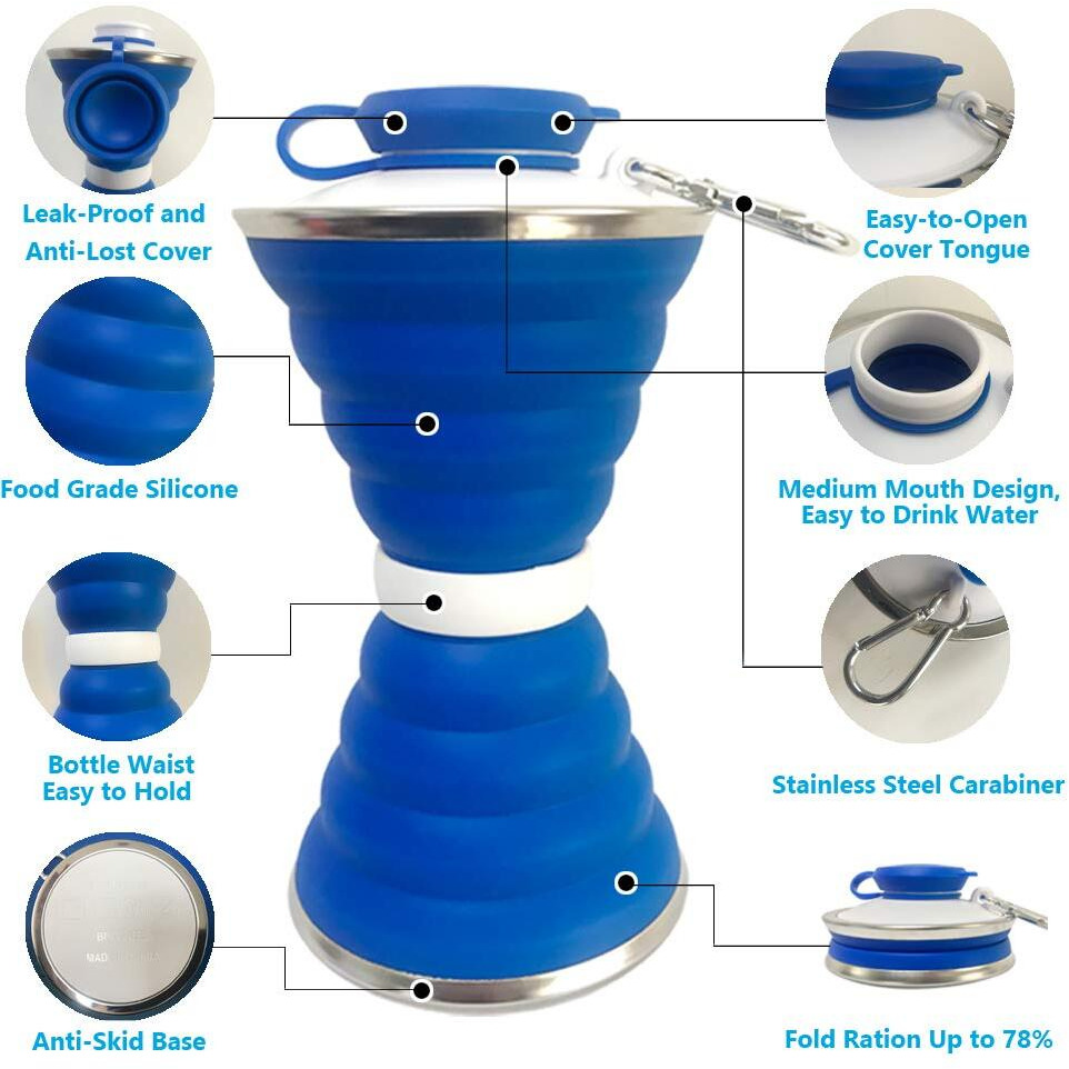 Collapsible Water Bottle, Camping Cup With Carabiner, Reuseable Silicone Foldable Leak Proof Portable Sports Travel Water Bottles For Outdoor, Travel Gym Hiking, Bpa Free, Cycling Cups With Carabiner