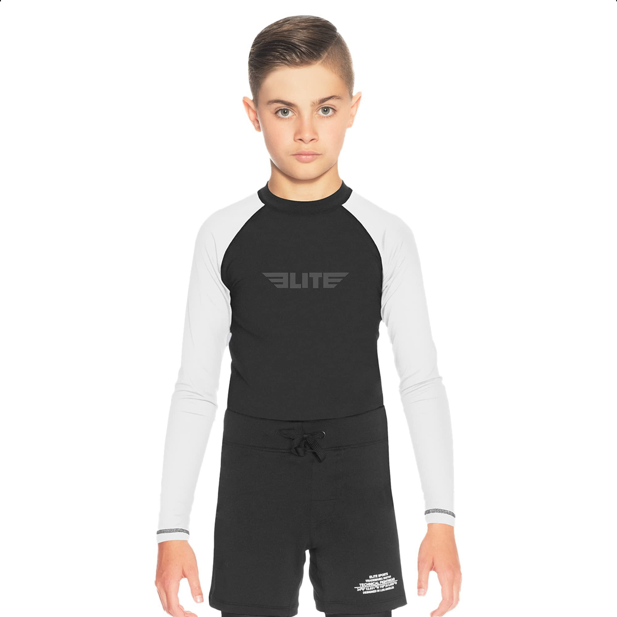 Elite Sports Rash Guards For Boys And Girls, Full Sleeve Compression Bjj Kids And Youth Rash Guard (White, Large)