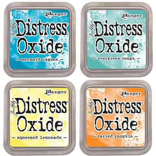 Tim Holtz Ranger Distress Oxide Ink Bundle - Four 3" X 3" Pads (B - Brights  Mermaid Lagoon, Evergreen Bough, Squeezed Lemonade, And Carved Pumpkin)
