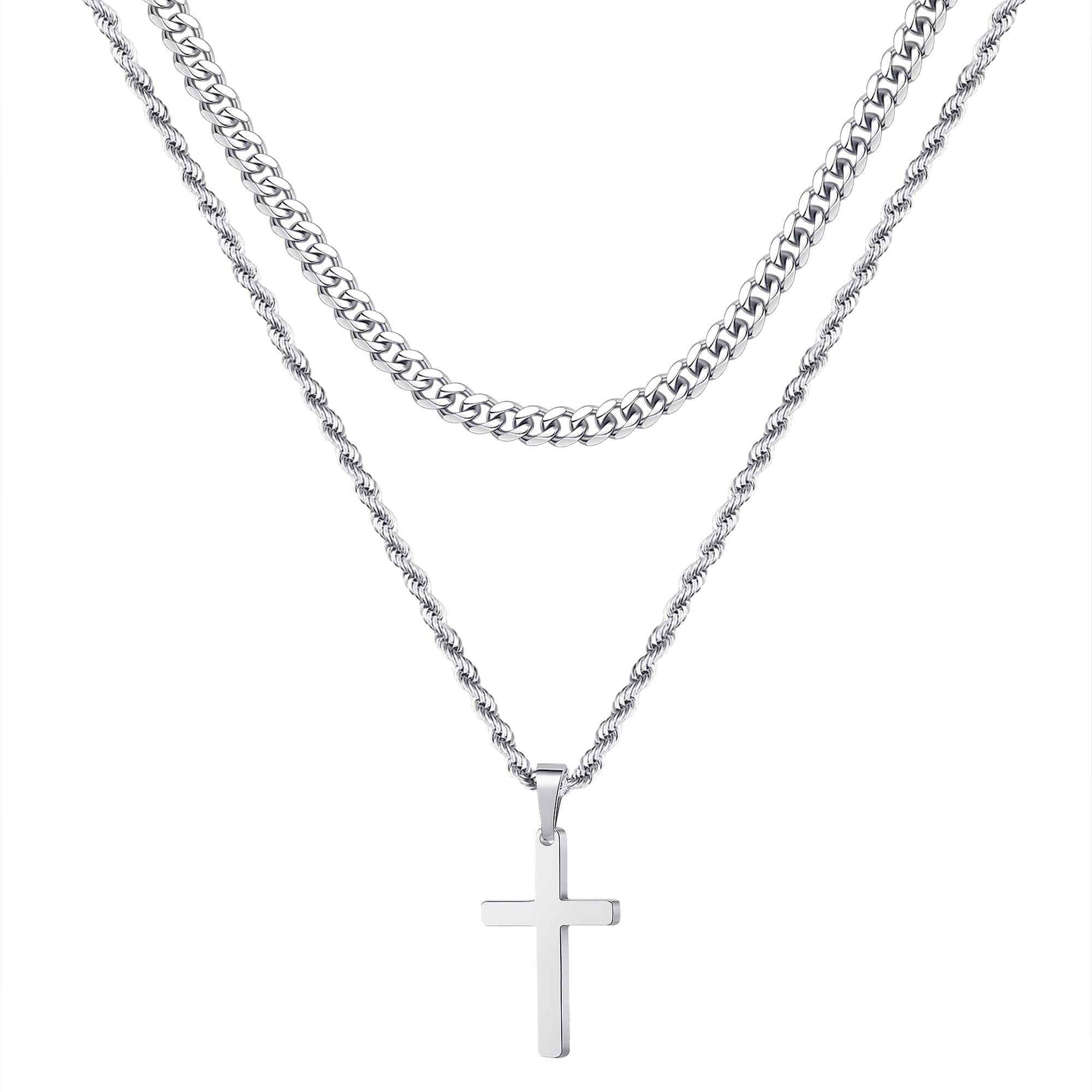 Yooblue Cross Necklace For Men Women, Mens Necklace Silver Layered Rope Chain Cross Pendant Simple Necklace Jewelry Dainty Cross Chain Necklace For Men Women 18 20 Inch Mens Gifts Christmas