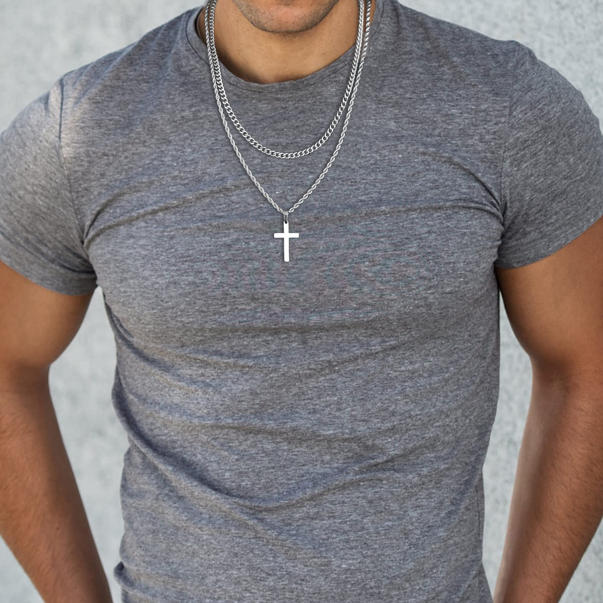 Yooblue Cross Necklace For Men Women, Mens Necklace Silver Layered Rope Chain Cross Pendant Simple Necklace Jewelry Dainty Cross Chain Necklace For Men Women 18 20 Inch Mens Gifts Christmas