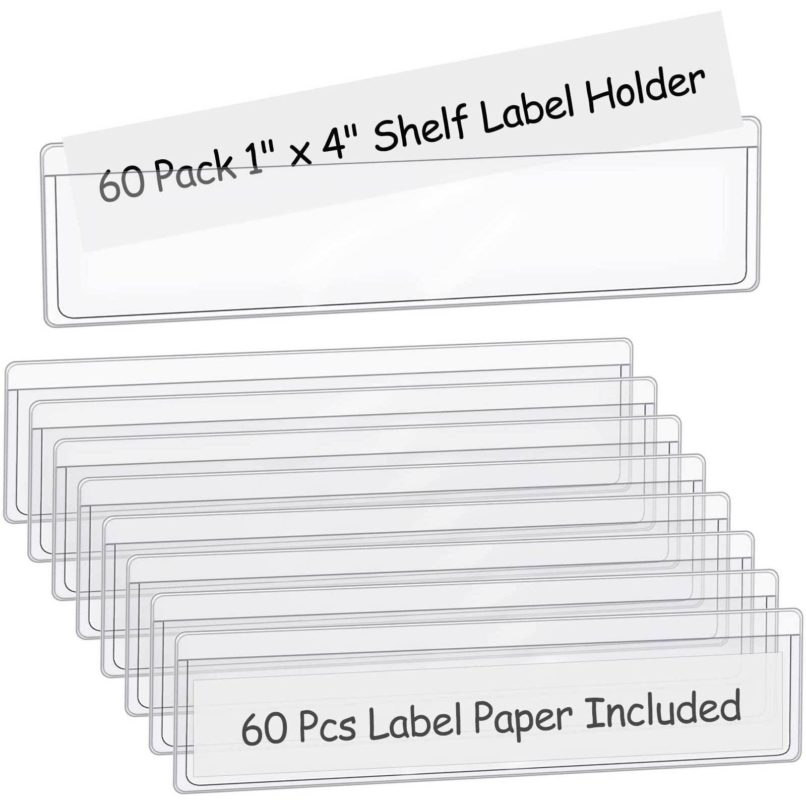 60 Pack 1.2" X 4.3" Self Adhesive Label Holders With 60Pcs Paper Label Inserts, Shelf Tag Label Holder Clear Pockets For Bookshelf Mailbox Shelves Storage Bins