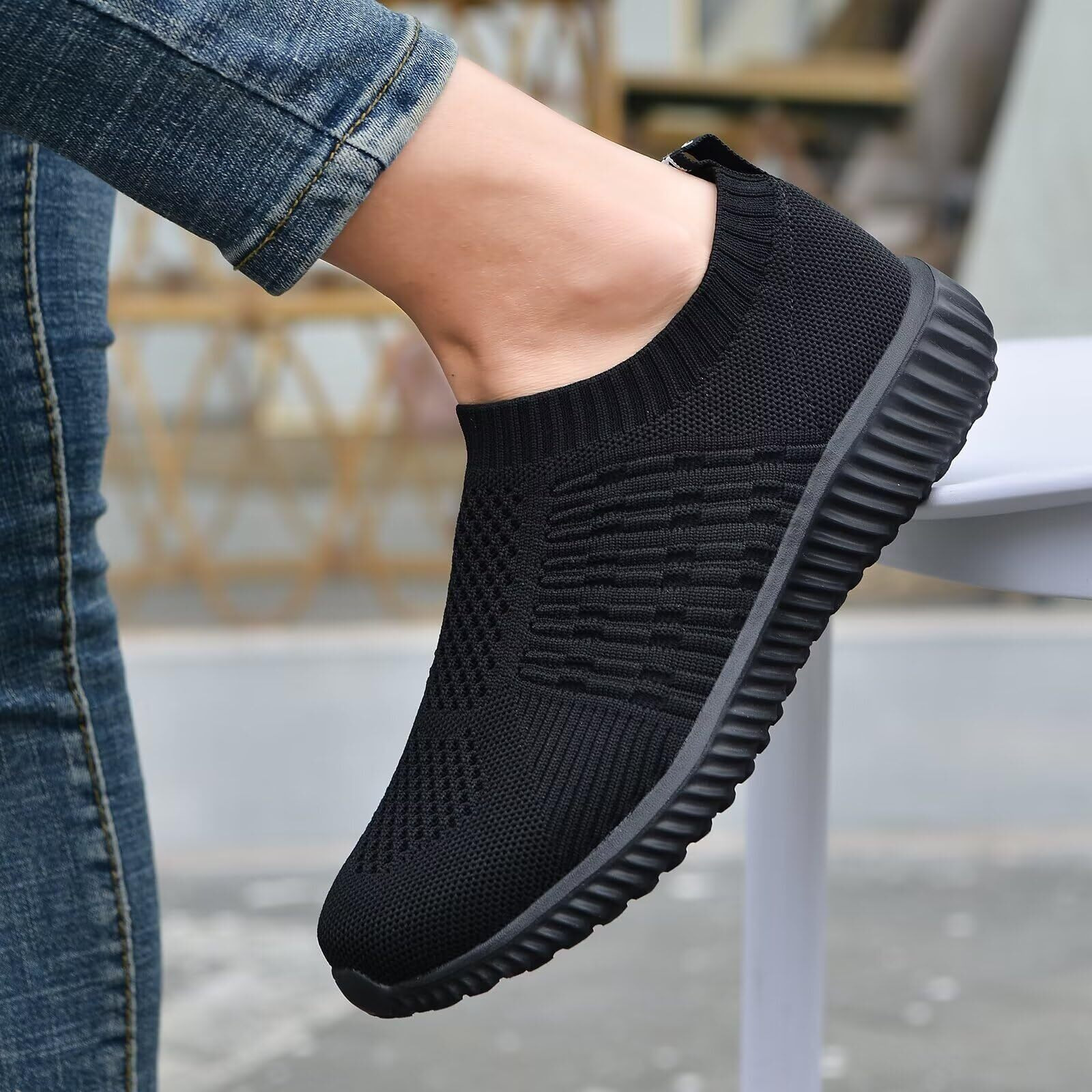 Tiosebon Women's Athletic Walking Shoes Slip On Casual Mesh Sneakers Black/Black 6.5 Us Wide