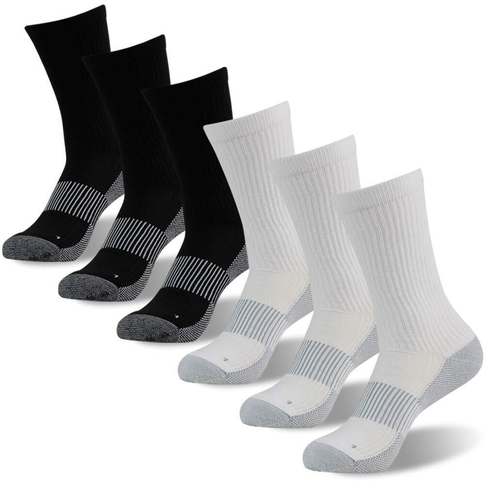 Footplus Copper Socks For Hiking, Mens Womens Crew Breathable Running Crew Home Work Wear Cushioned Sole Mountain Climbing Winter Socks,3 White& 3 Black,Large