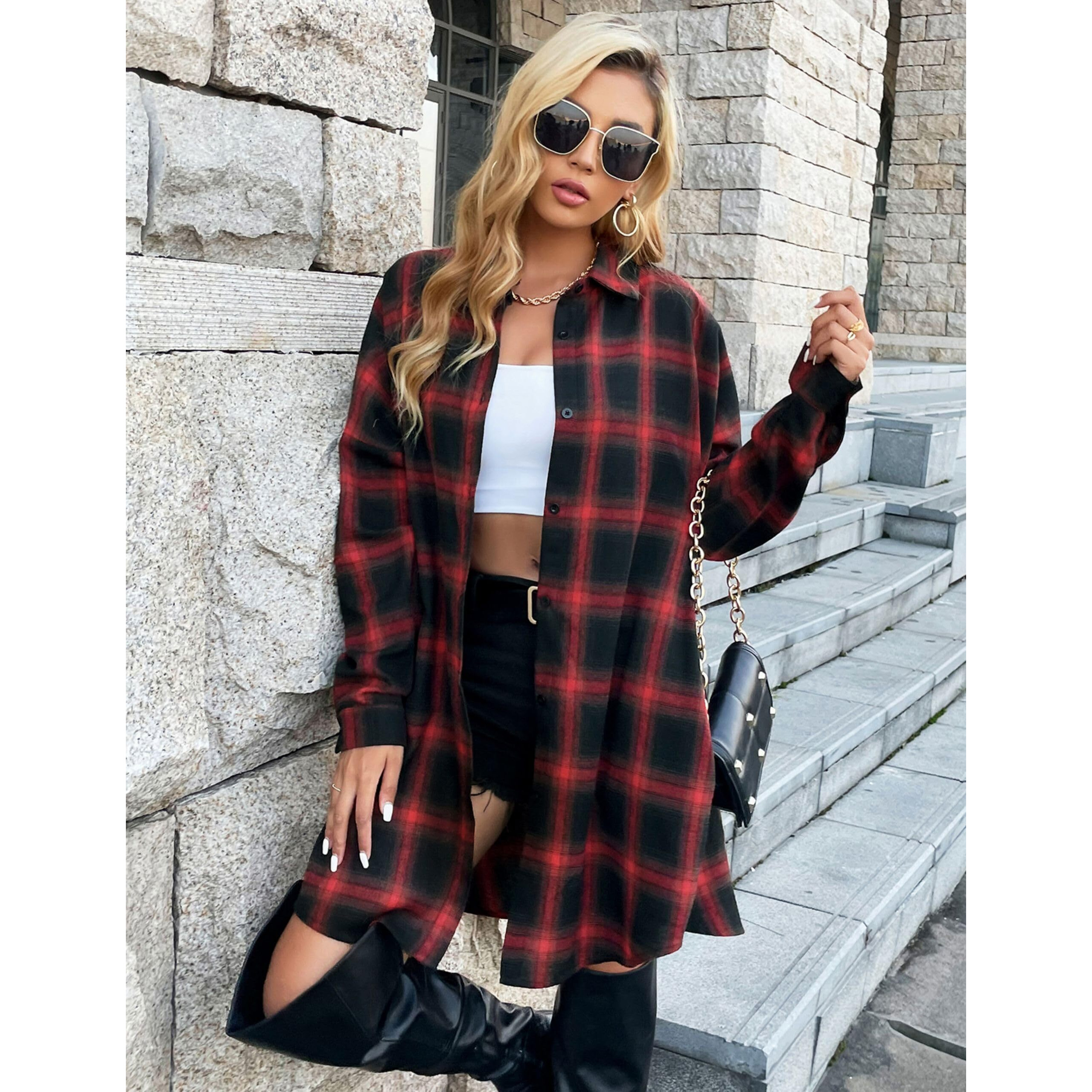 Blooming Jelly Women's Button Down Flannel Shirts Plaid Shacket Long Sleeve Collared Long Jacket Coats(Large,Black&Red Plaid)