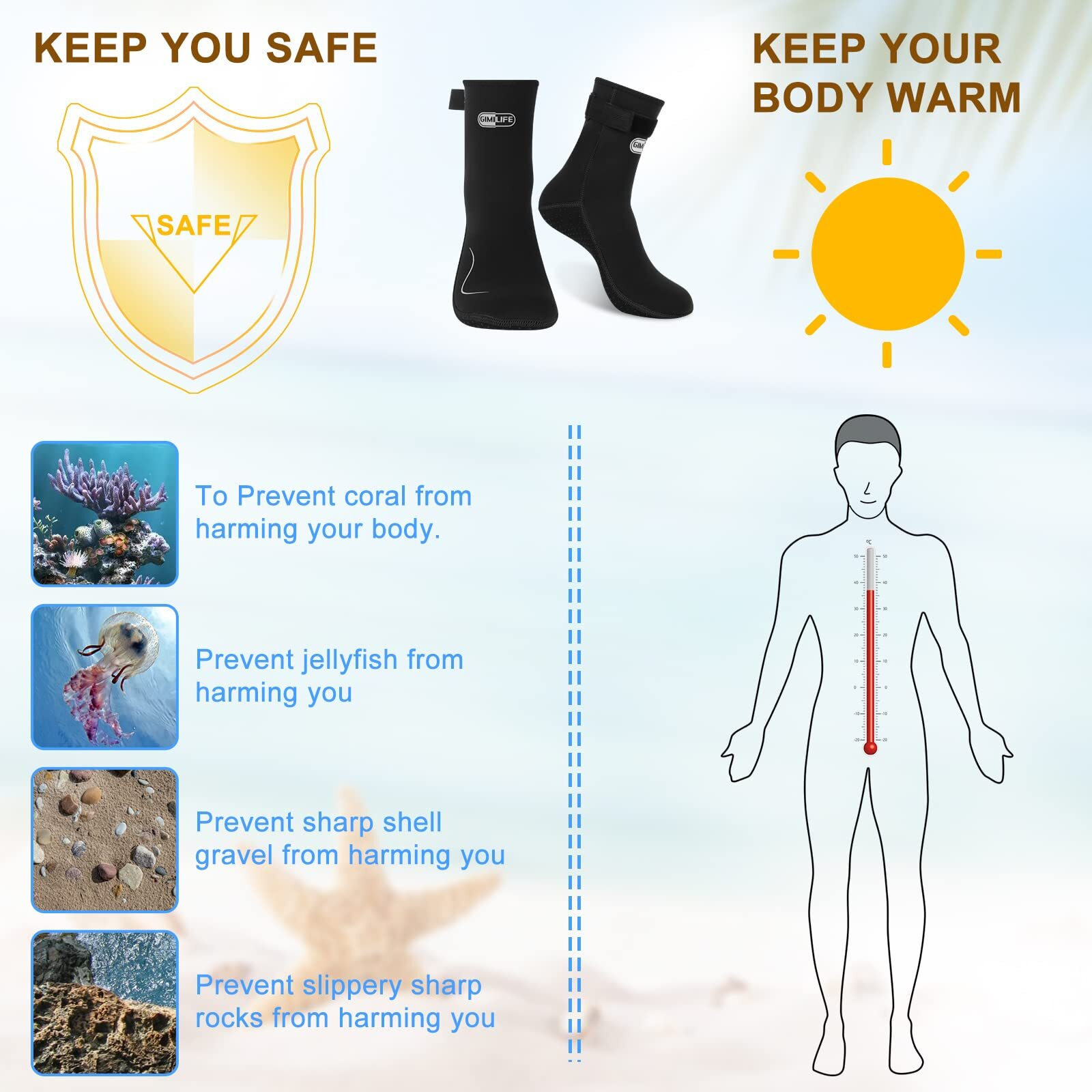 Gimilife Neoprene Socks 3Mm Water Socks For Women Men, Waterproof Diving Wetsuit Socks Sand Socks For Beach Volleyball Snorkeling Surfing Kayaking Swimming Water Sports (High Cut/Black-Black, L)