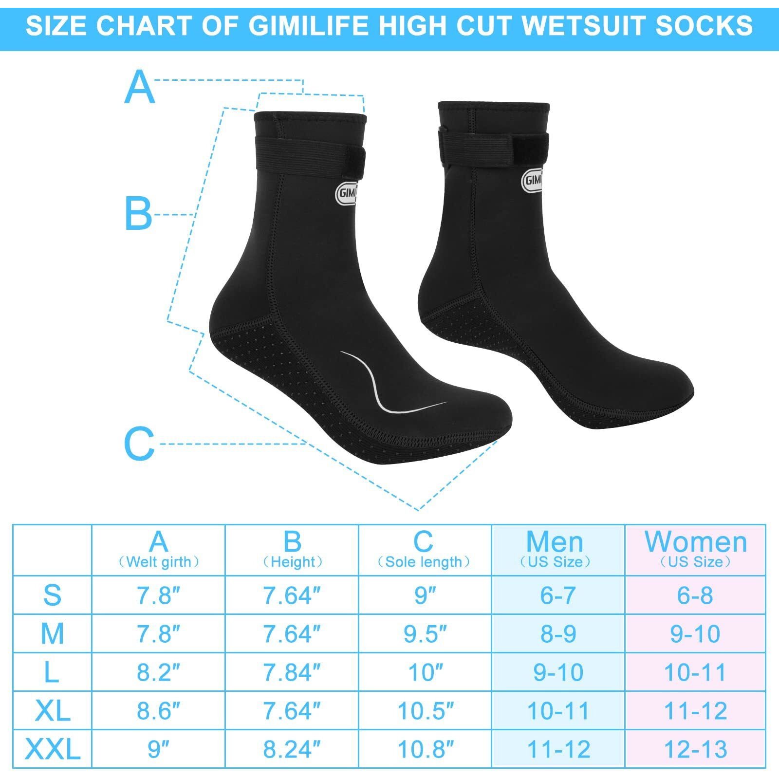 Gimilife Neoprene Socks 3Mm Water Socks For Women Men, Waterproof Diving Wetsuit Socks Sand Socks For Beach Volleyball Snorkeling Surfing Kayaking Swimming Water Sports (High Cut/Black-Black, L)
