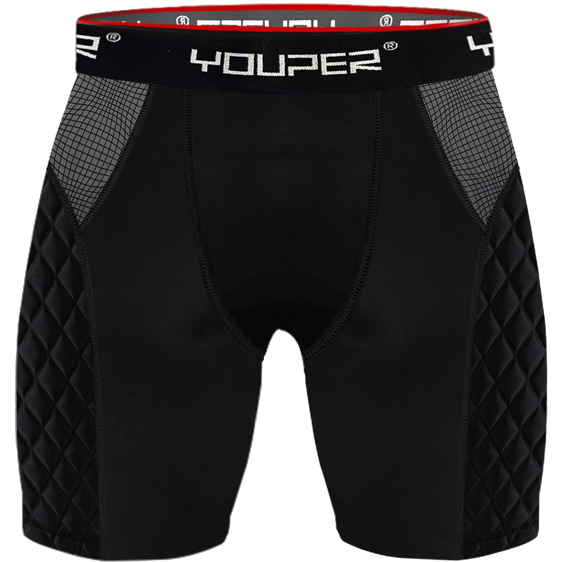 Youper Youth Elite Compression Padded Sliding Shorts W/Cup Pocket For Baseball, Football (Black, Large)