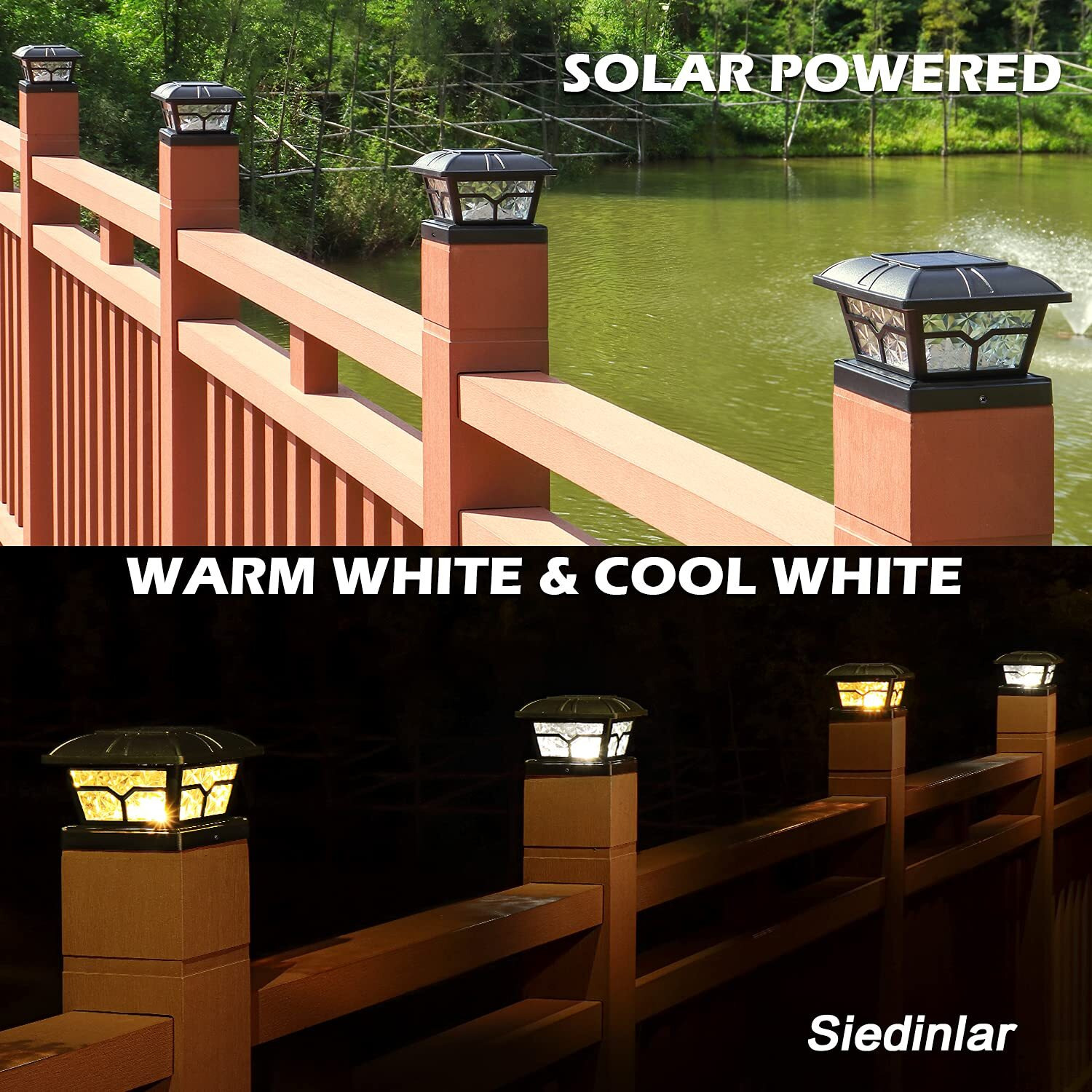 Siedinlar Solar Post Cap Lights Outdoor 2 Color Modes 8 Leds For 4X4 5X5 6X6 Posts Fence Patio Deck Decoration Warm White & Cool White Lighting Black (1 Pack)