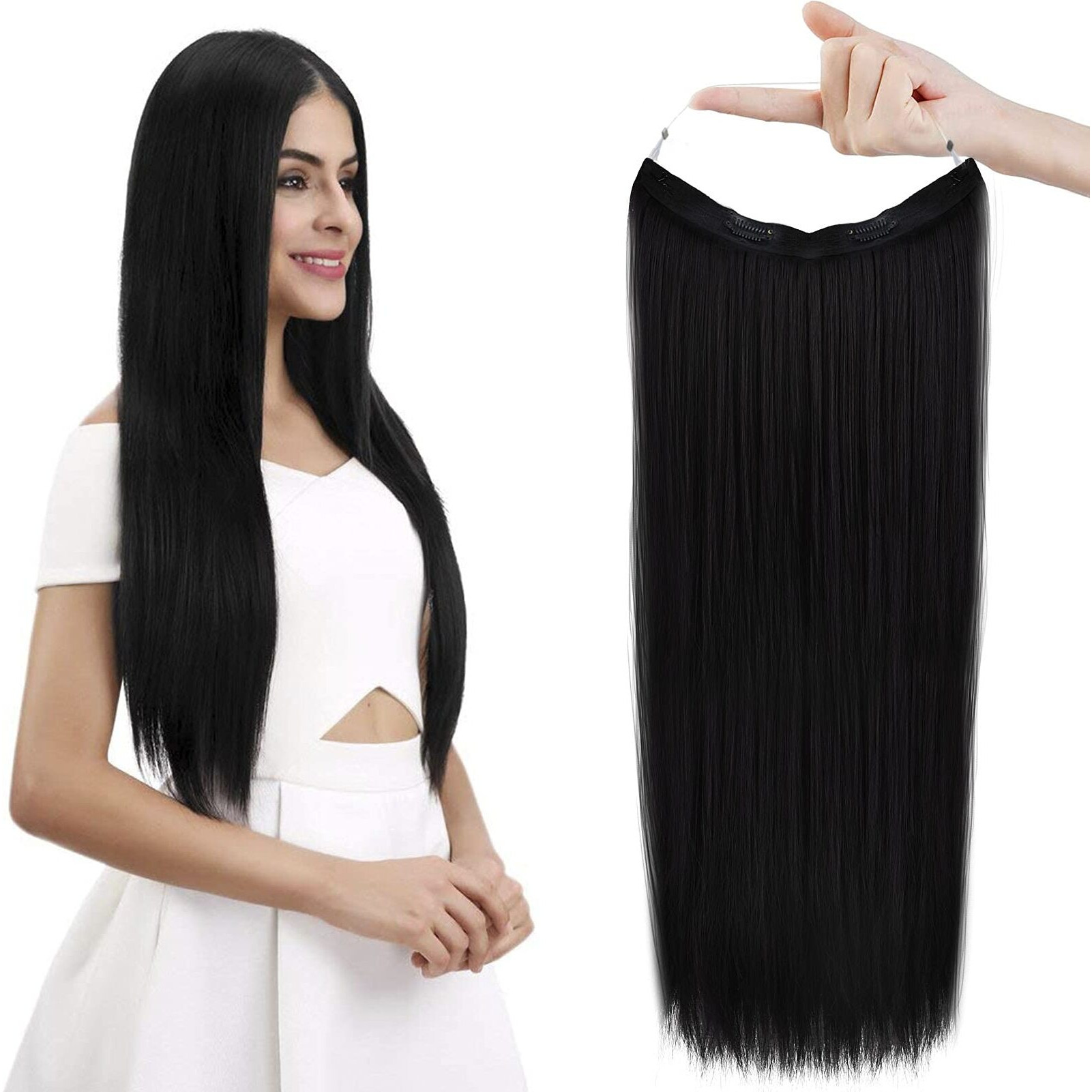 Reecho Invisible Wire Hair Extensions With Transparent Headband Adjustable Size Removable Secure Clips In Straight Secret Hairpiece For Women (24 Inch (Pack Of 1), Natural Black)