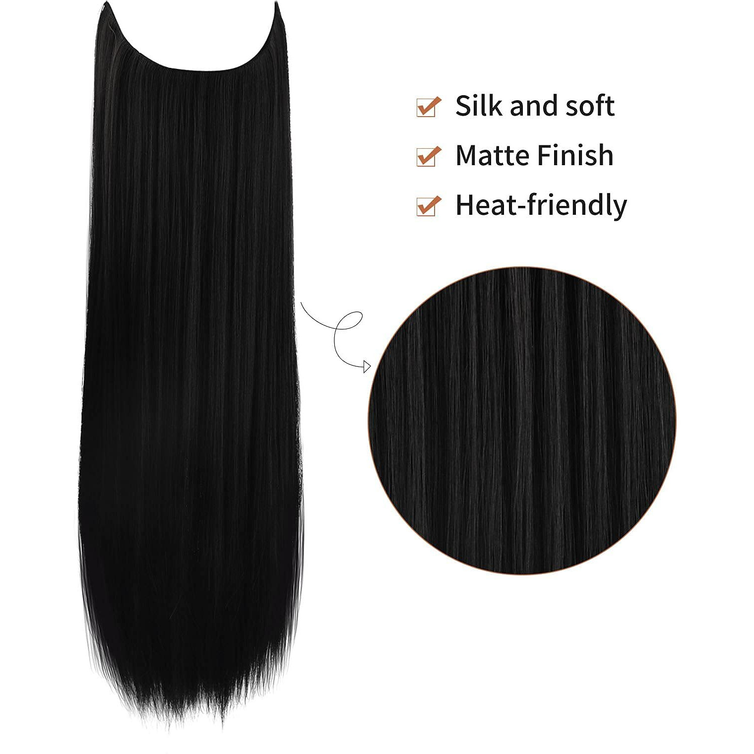 Reecho Invisible Wire Hair Extensions With Transparent Headband Adjustable Size Removable Secure Clips In Straight Secret Hairpiece For Women (24 Inch (Pack Of 1), Natural Black)