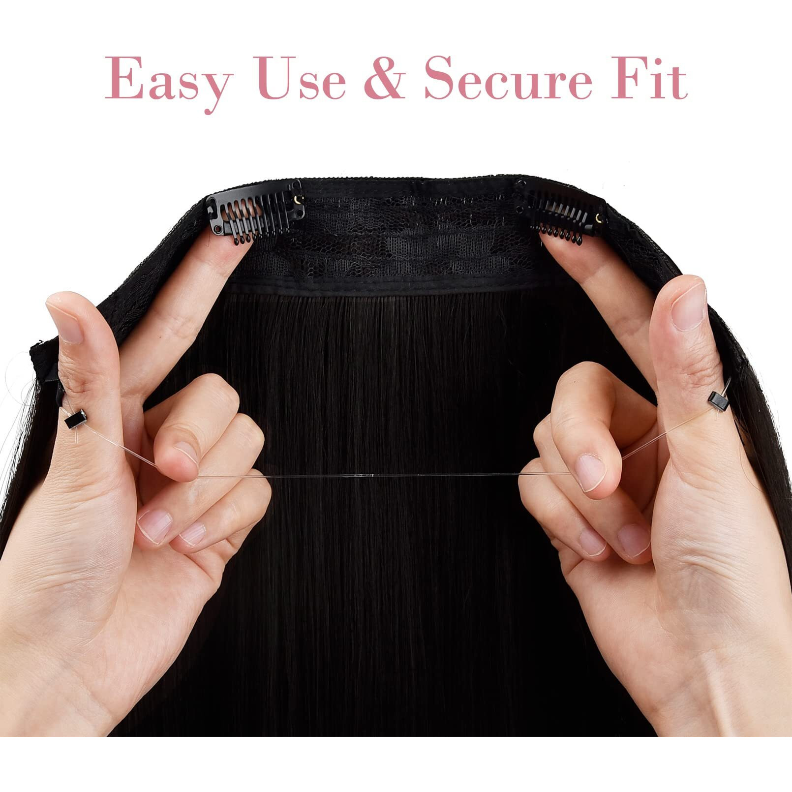 Reecho Invisible Wire Hair Extensions With Transparent Headband Adjustable Size Removable Secure Clips In Straight Secret Hairpiece For Women (24 Inch (Pack Of 1), Natural Black)