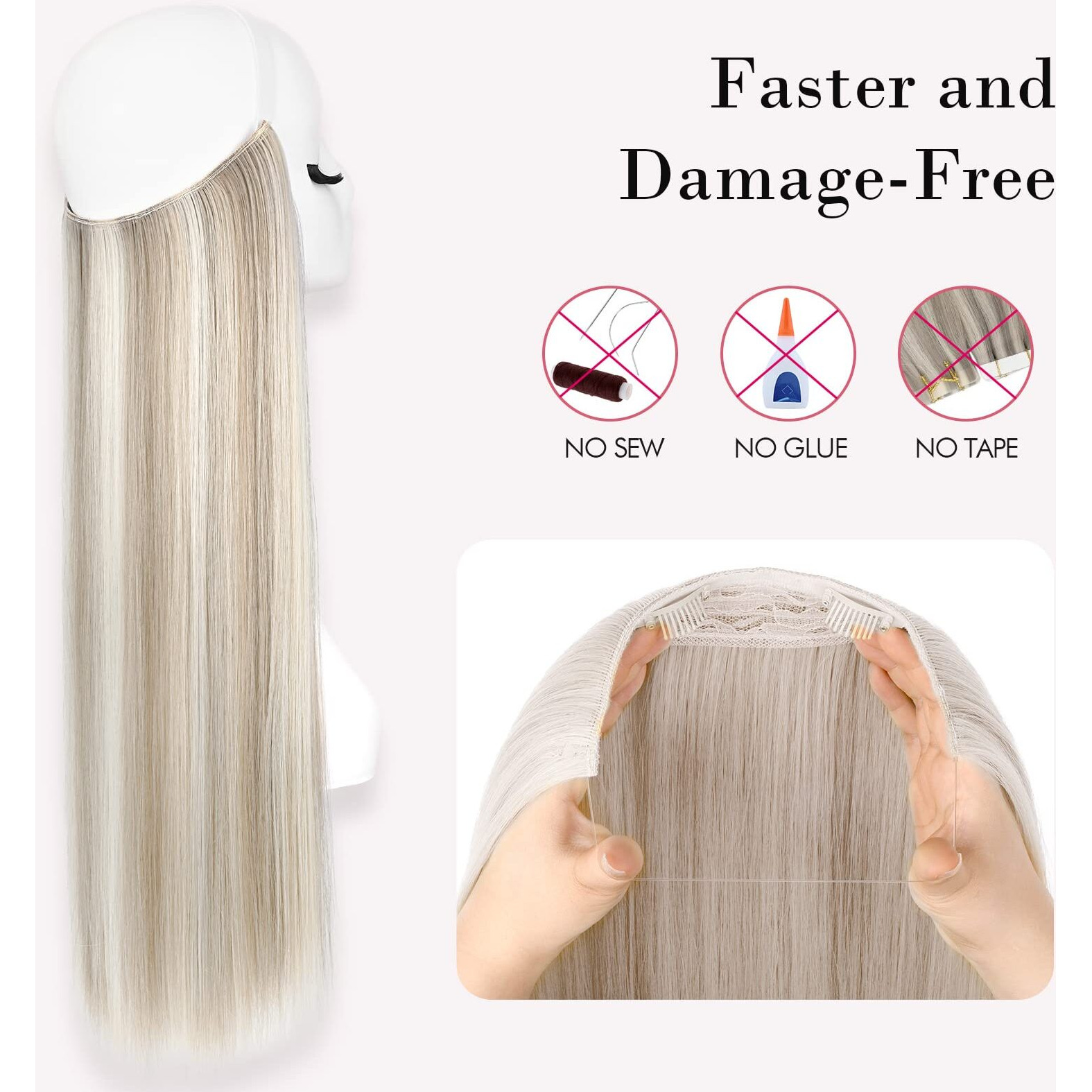 Reecho Invisible Wire Hair Extensions With Transparent Headband Adjustable Size Removable Secure Clips In Straight Secret Hairpiece For Women (24 Inch (Pack Of 1), Ash Brown With Platium Highlights)