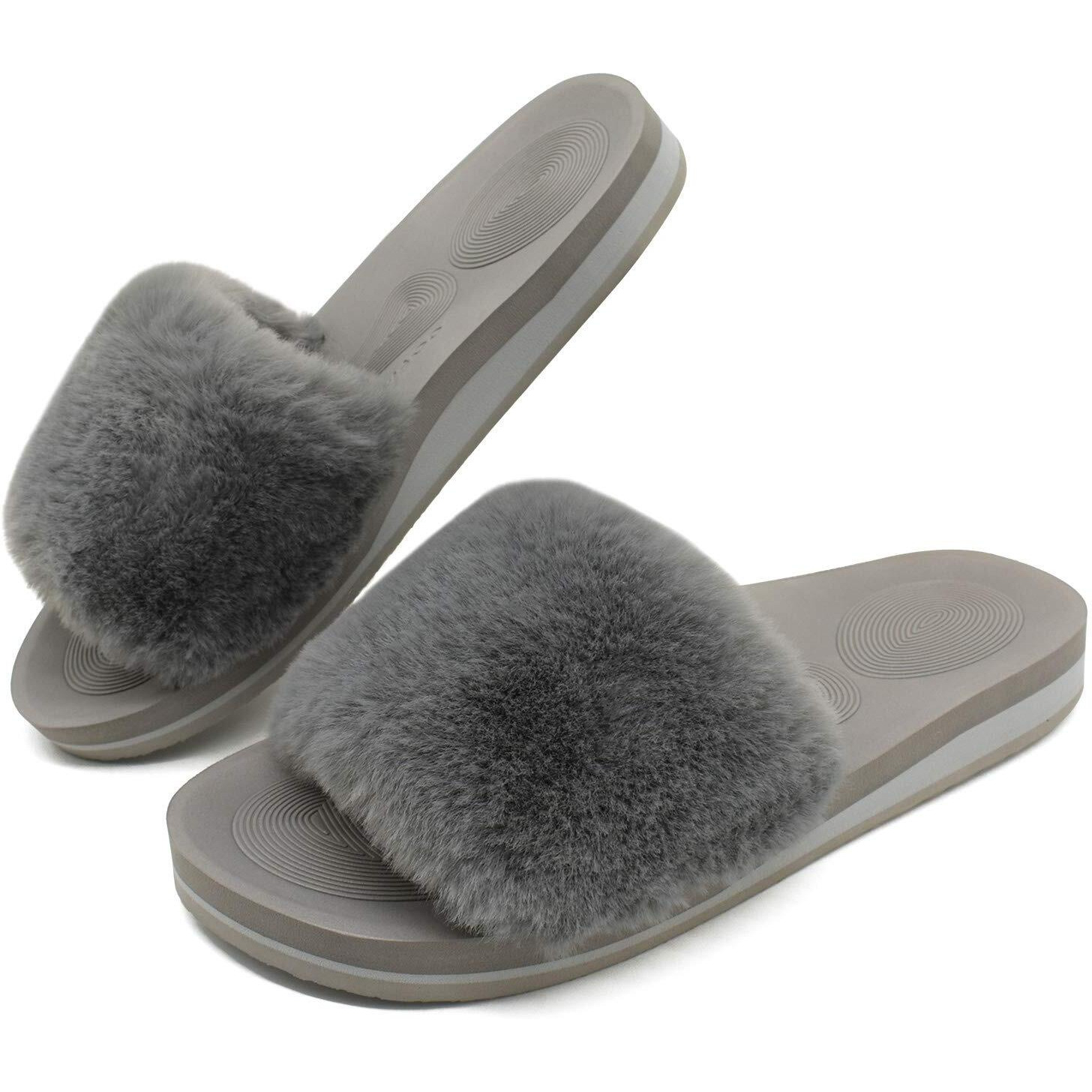 Coface Womens Slides Fuzzy House Slippers For Women Open Toe Fluff Slippers With Arch Support Plantar Fasciitis Orthotic Slippers Women House Shoes Indoor Size 6