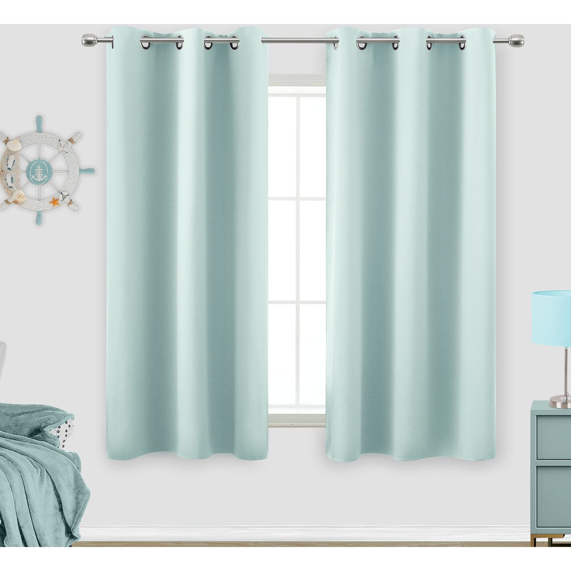 Mint/Seafoam Green Curtains For Bedroom 2 Panels Set,Retro Blackout Grommet Heat Light Blocking Darkening Short Window Curtain Blinds For Baby Room,54 Inch Length Solid Powder Aqua Egg Blue Colored