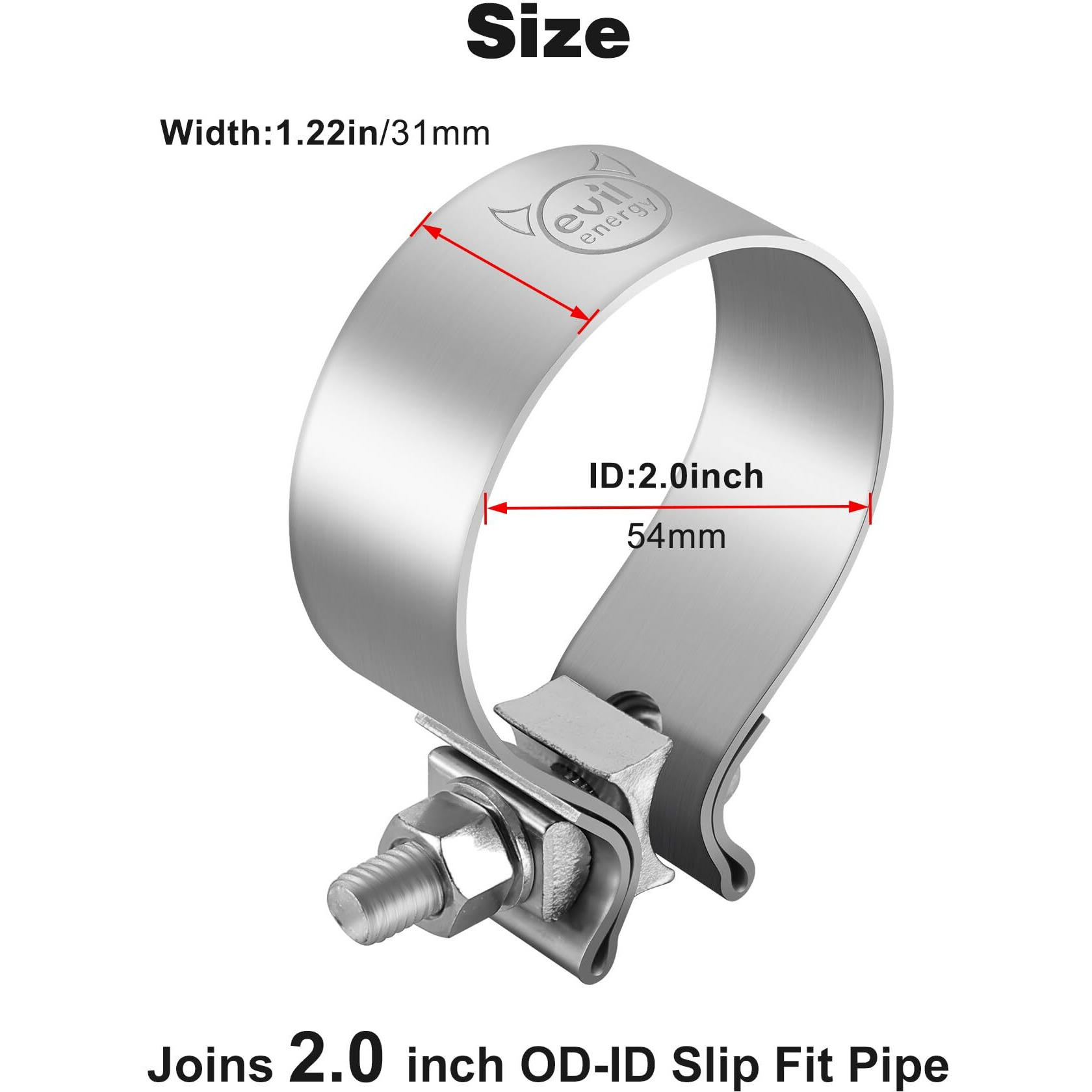 Evil Energy 2.0 Inch Exhaust Clamp,Narrow Band Muffler Clamp Stainless Steel For Pipes,Mufflers,Catalytic Converters 2Pcs