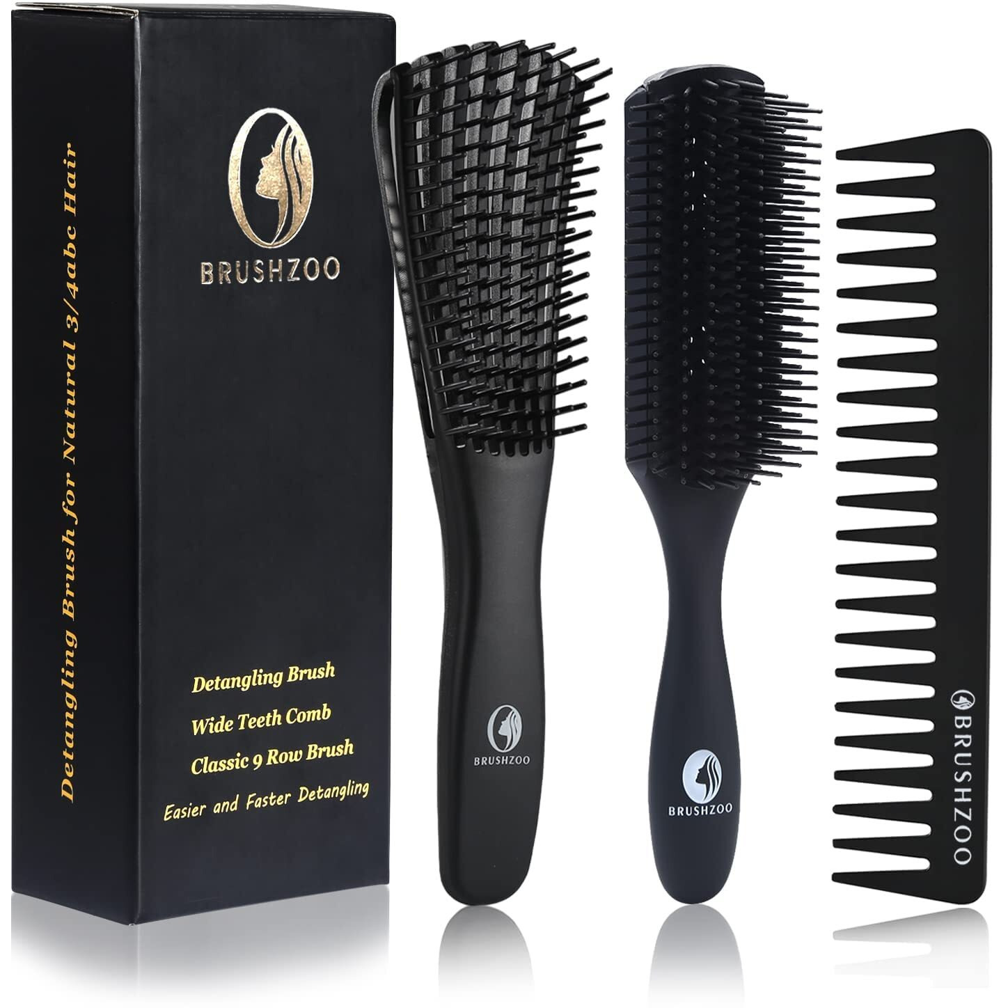 Brushzoo Detangling Brush For Curly Hair, Hair Brushes For Women Men Or Kids Black Natural Hair, Detangler Brush For Natural 3/4Abc Hair, Easier & Faster Detangling For Wet Dry Hair (Black)