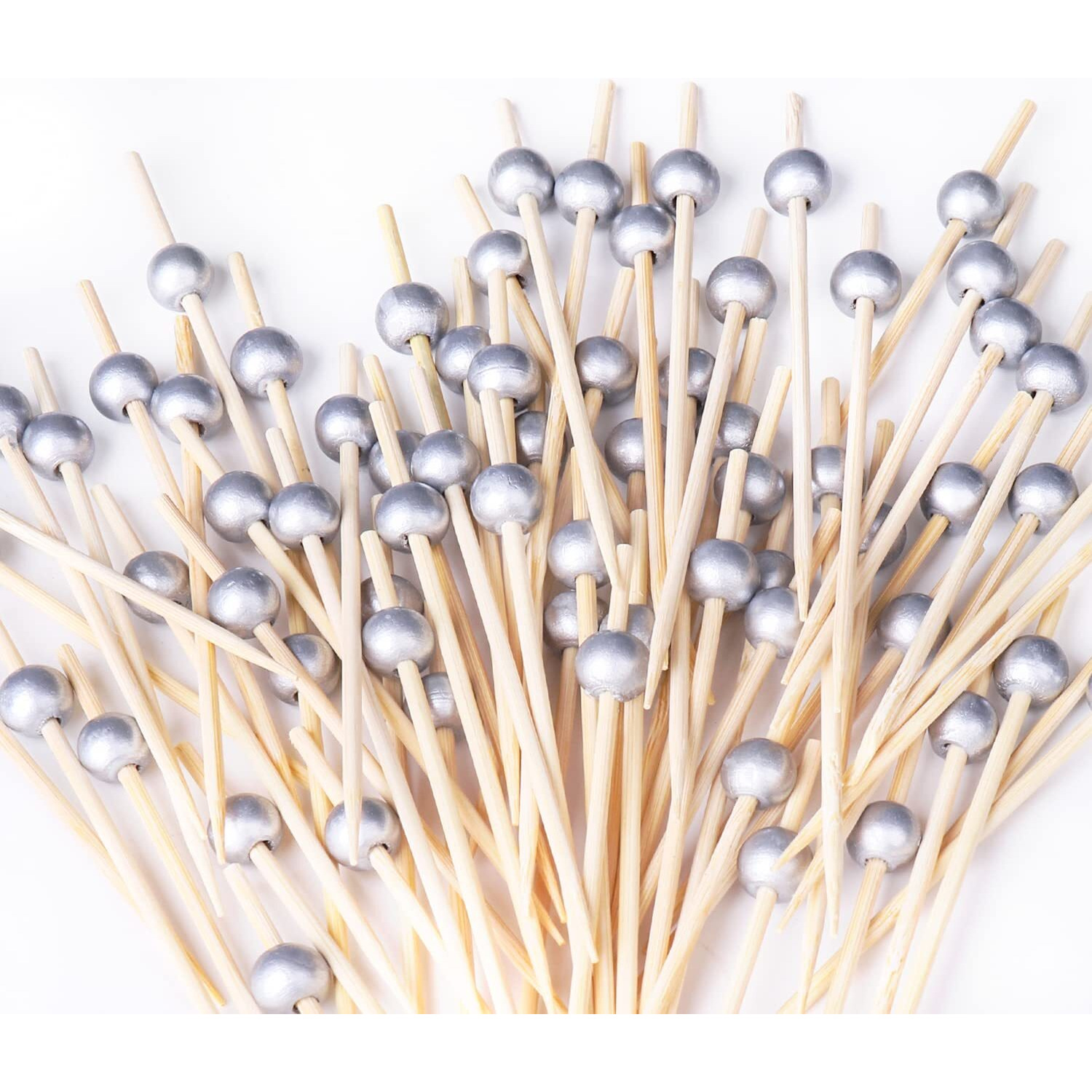 200Pcs Cocktail Picks, Fancy Cocktail Toothpicks For Appetizers Picks, Bamboo Cocktail Skewers For Appetizers Wedding Party Toothpicks, Silver Pearl Food Picks For Appetizers (47 Inch)