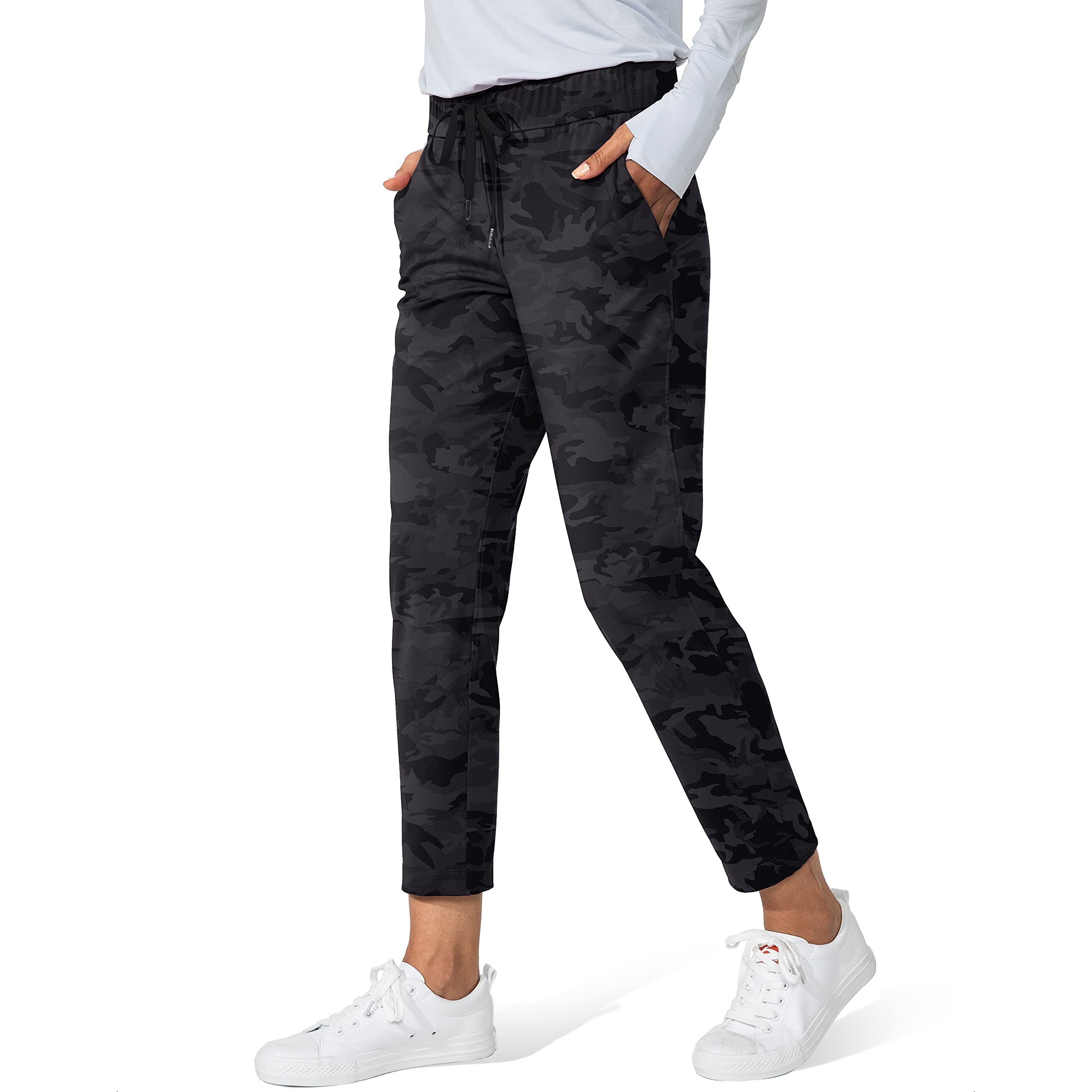 G Gradual Women's Pants With Deep Pockets 7/8 Stretch Sweatpants For Women Athletic, Golf, Lounge, Work (Black Camo, Large)