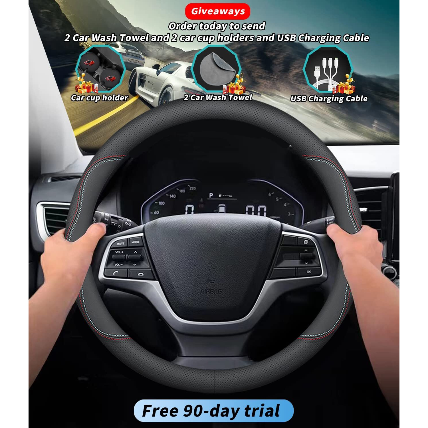 Deer Route Custom-Fit For Dodge Steering Wheel Cover, Premium Leather Car Steering Wheel Cover With Logo, Non-Slip, Breathable, For Dodge Accessories (A-Style,For Dodge)