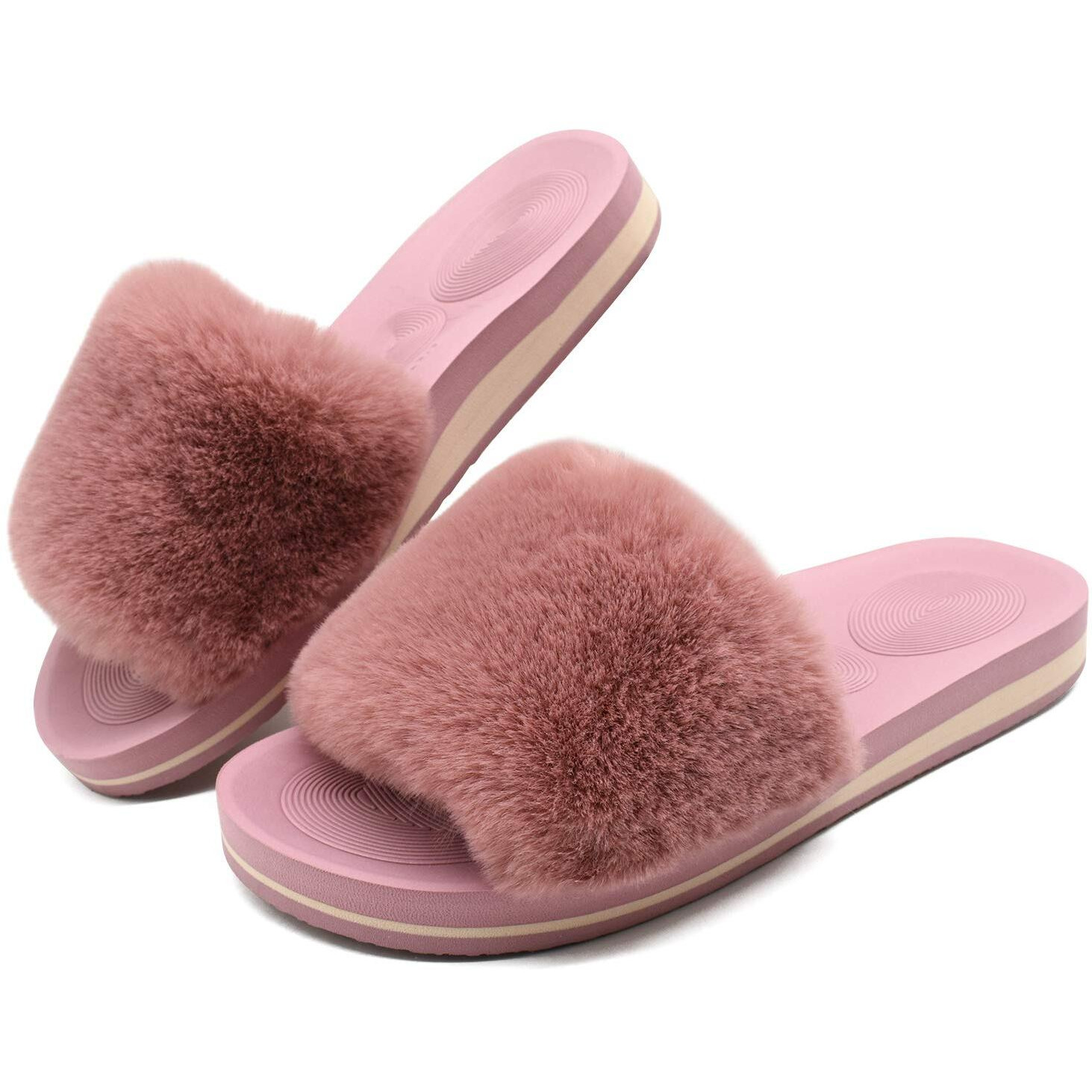 Coface Womens Slides Fuzzy House Slippers For Women Open Toe Fluff Slippers With Arch Support Plantar Fasciitis Orthotic Slippers Women House Shoes Indoor Size 9