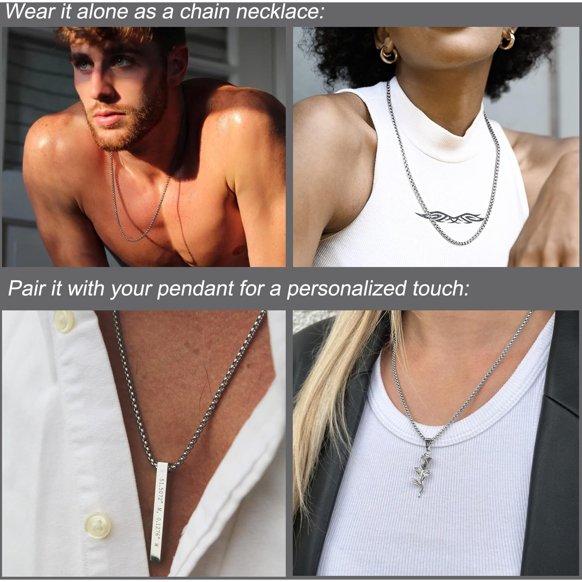 Sannyra Silver Chain For Men - 2Mm 36 Inches Stainless Steel Chains For Mens - Dog Tag Necklace For Pendant, Round Rolo Necklaces For Women