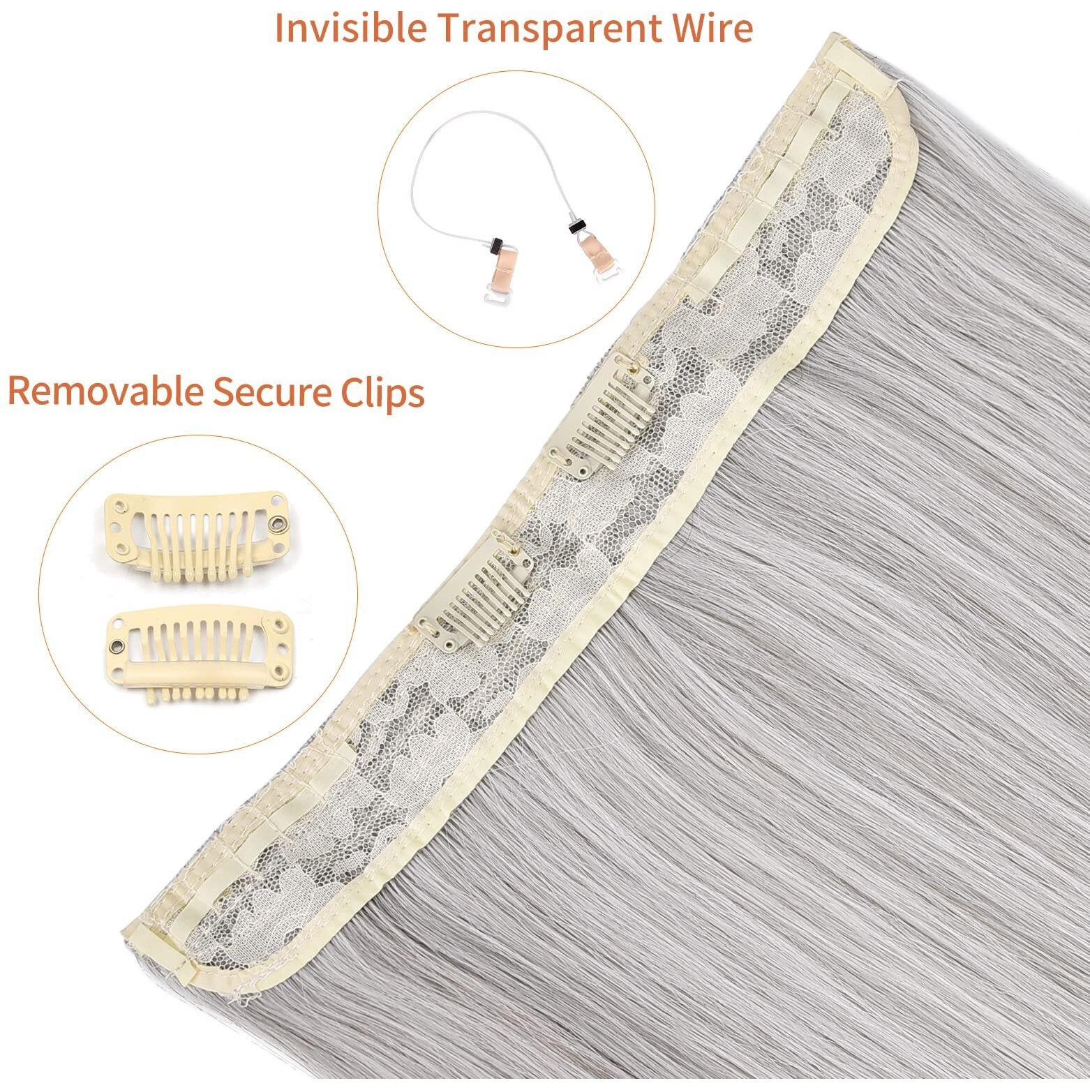 Reecho Invisible Wire Hair Extensions With Transparent Headband Adjustable Size Removable Secure Clips In Straight Secret Hairpiece For Women (14 Inch (Pack Of 1), Grey/Brown/Silver/White Mixed)