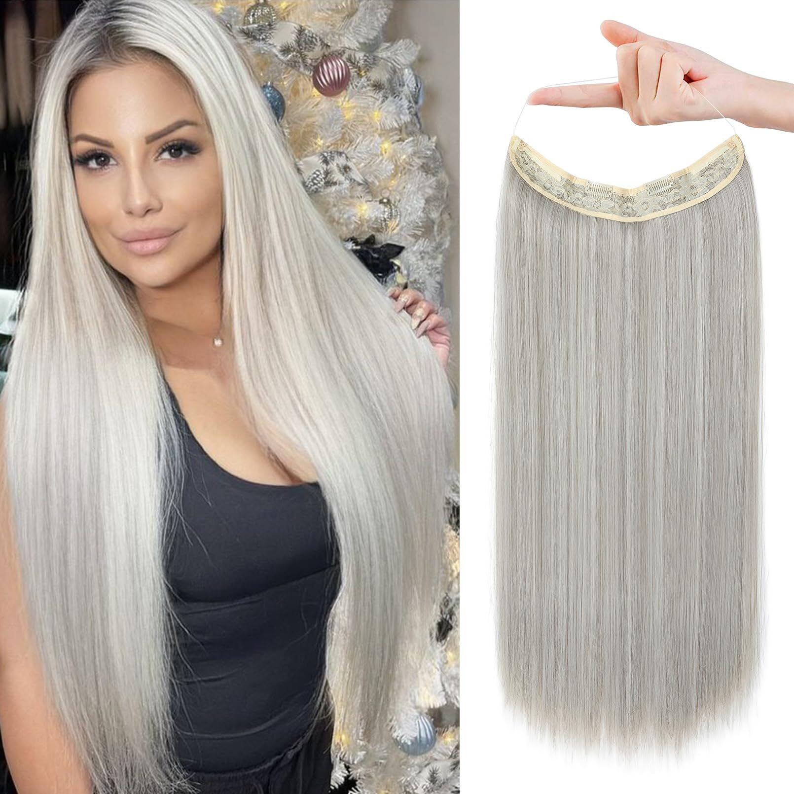 Reecho Invisible Wire Hair Extensions With Transparent Headband Adjustable Size Removable Secure Clips In Straight Secret Hairpiece For Women (24 Inch (Pack Of 1), Grey/Brown/Silver/White Mixed)