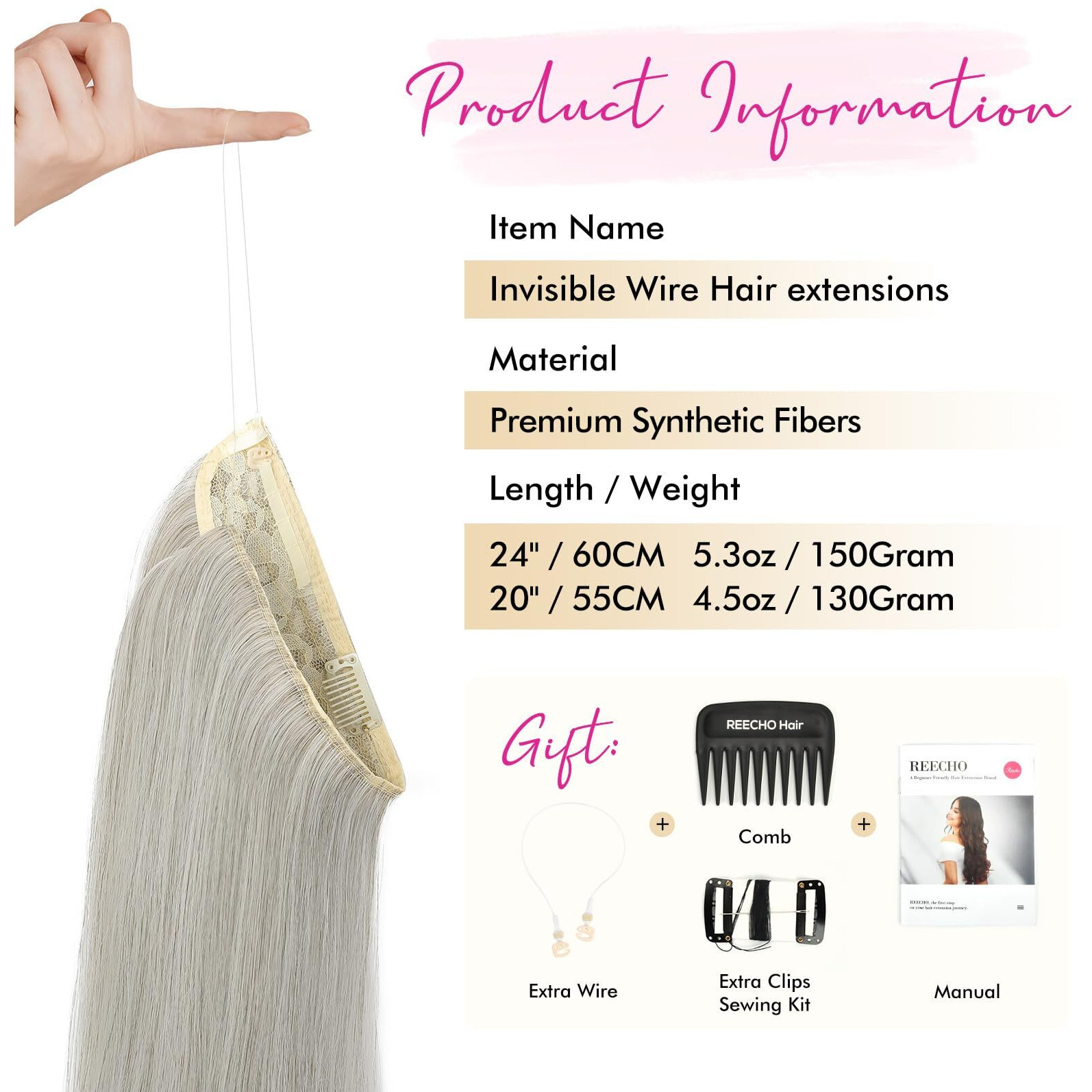 Reecho Invisible Wire Hair Extensions With Transparent Headband Adjustable Size Removable Secure Clips In Straight Secret Hairpiece For Women (24 Inch (Pack Of 1), Grey/Brown/Silver/White Mixed)