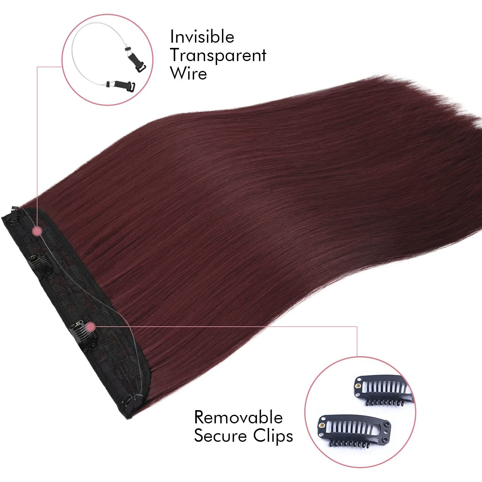 Reecho Invisible Wire Hair Extensions With Transparent Headband Adjustable Size Removable Secure Clips In Straight Secret Hairpiece For Women (24 Inch (Pack Of 1), Wine Red)