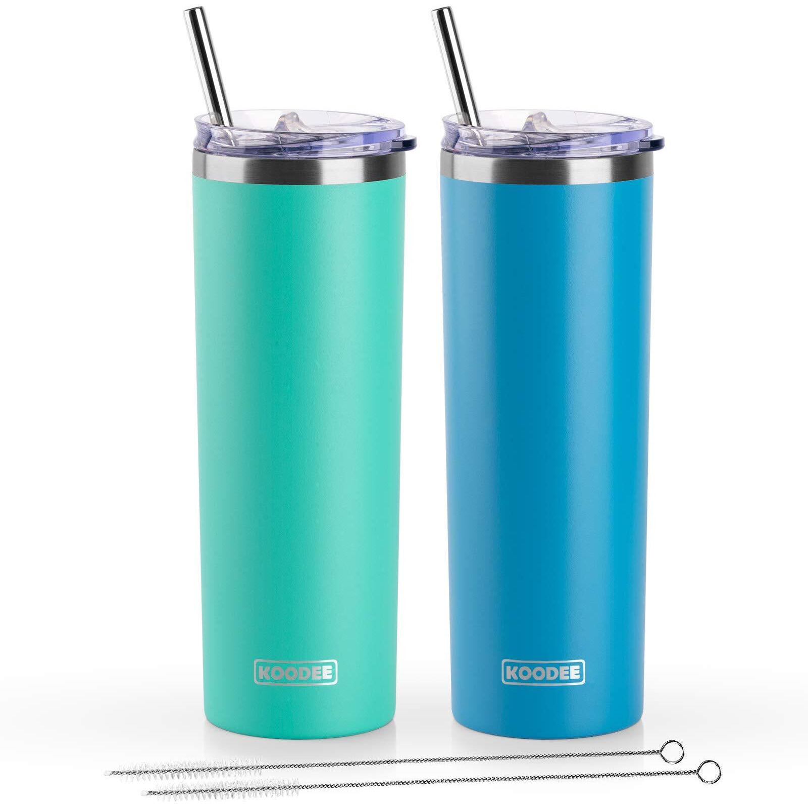 Koodee Tumbler With Lid And Straw-20 Oz Stainless Steel Vacuum Insulated Water Tumbler Cup For Adults, 2 Pack Slim Travel Coffee Tumbler For Women (Teal-Sky Blue)