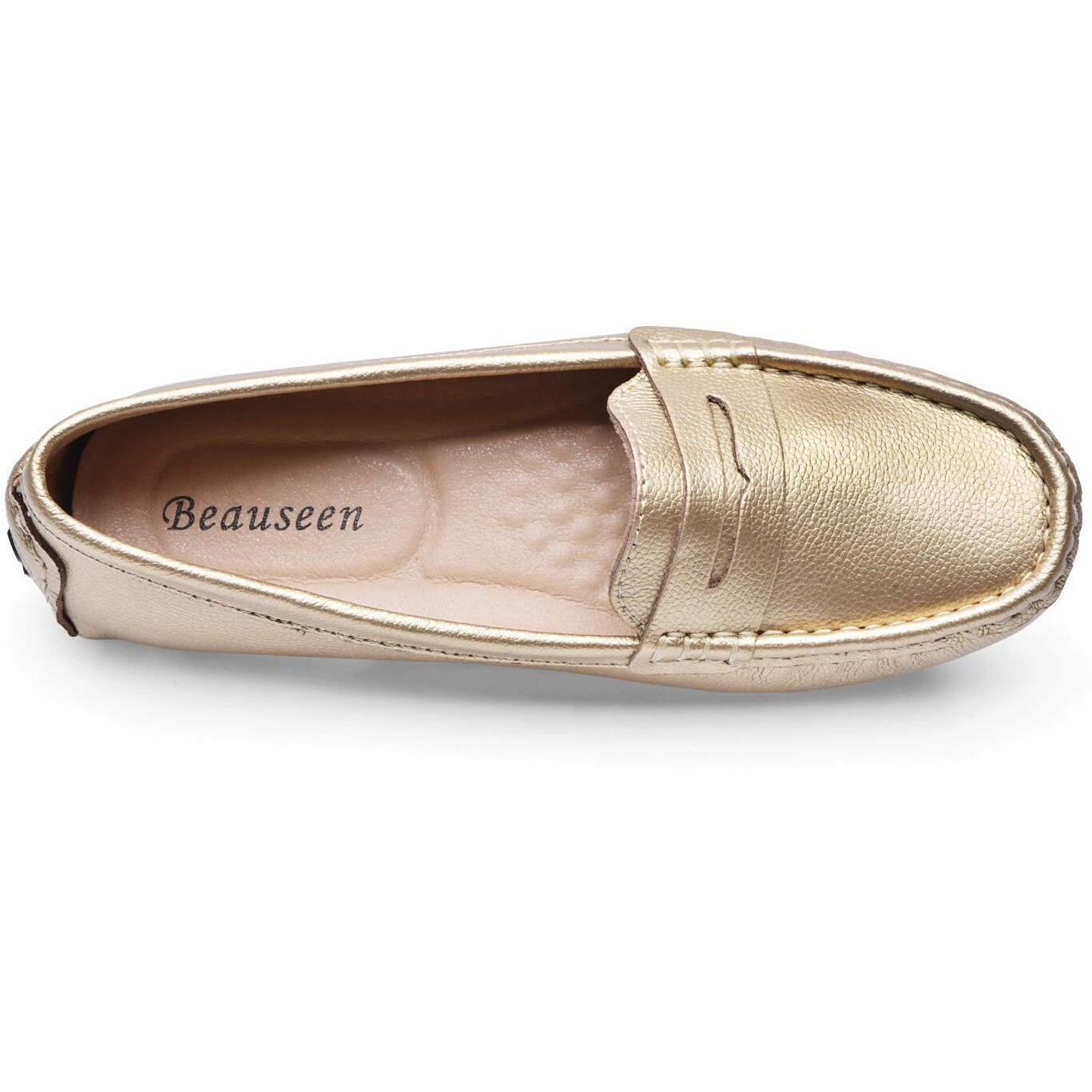 Beauseen Gold Penny Loafers For Women Size 9.5 Genuine Leather Women's Driving Loafers,9.5 Us