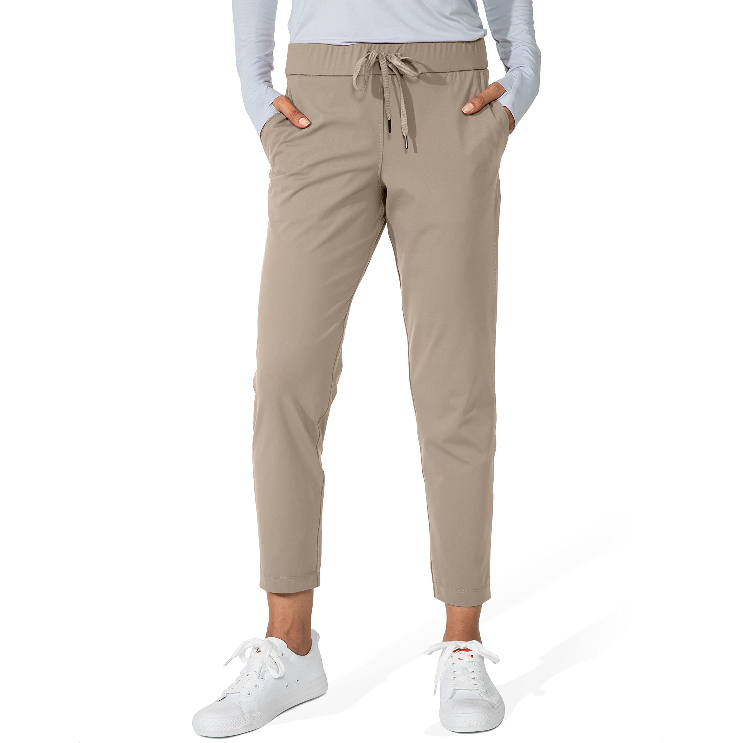 G Gradual Women's Pants With Deep Pockets 7/8 Stretch Sweatpants For Women Athletic, Golf, Lounge, Work (Khaki, Large)