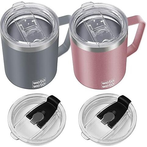 Wetoweto 14 Oz Coffee Mug, Vacuum Insulated Camping Mug With Lid, Double Wall Stainless Steel Travel Tumbler Cup, Coffee Mugs Outdoor, Rose Gold & Cool Grey 2 Packs