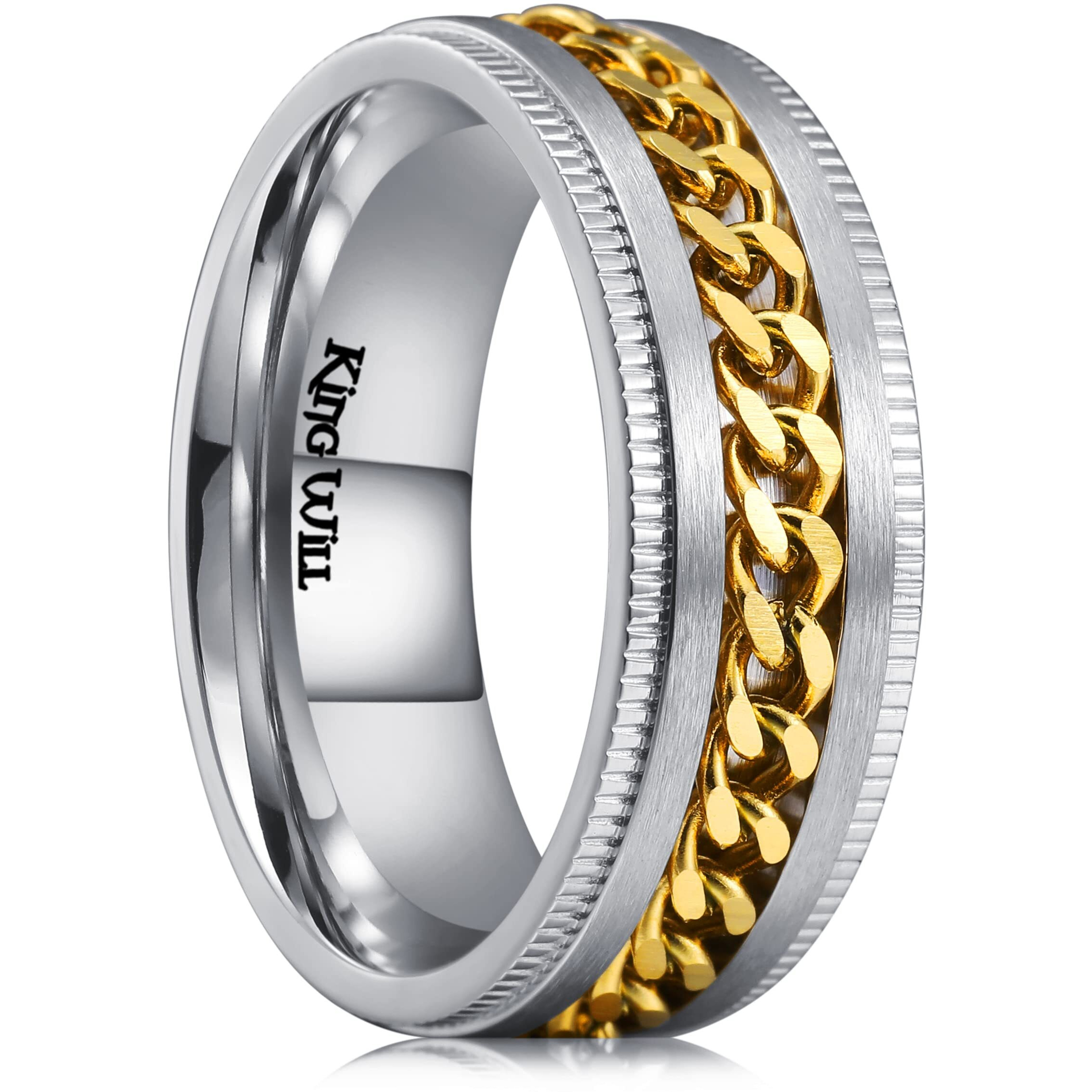 King Will Intertwine 8Mm Silver Spinner Ring Stainless Steel Fidget Ring Anxiety Ring For Men Gold Curb Chain Inlay 14