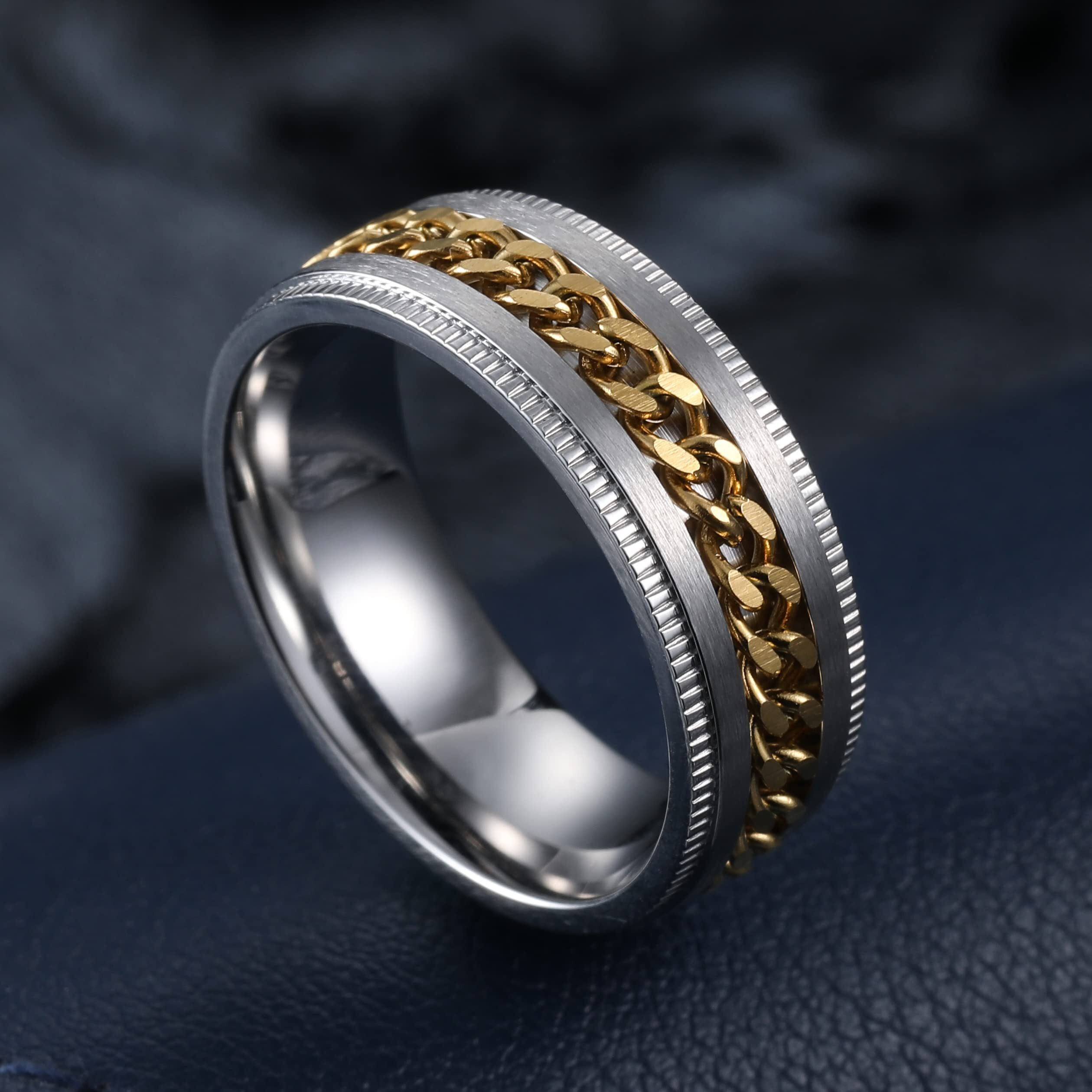 King Will Intertwine 8Mm Silver Spinner Ring Stainless Steel Fidget Ring Anxiety Ring For Men Gold Curb Chain Inlay 14