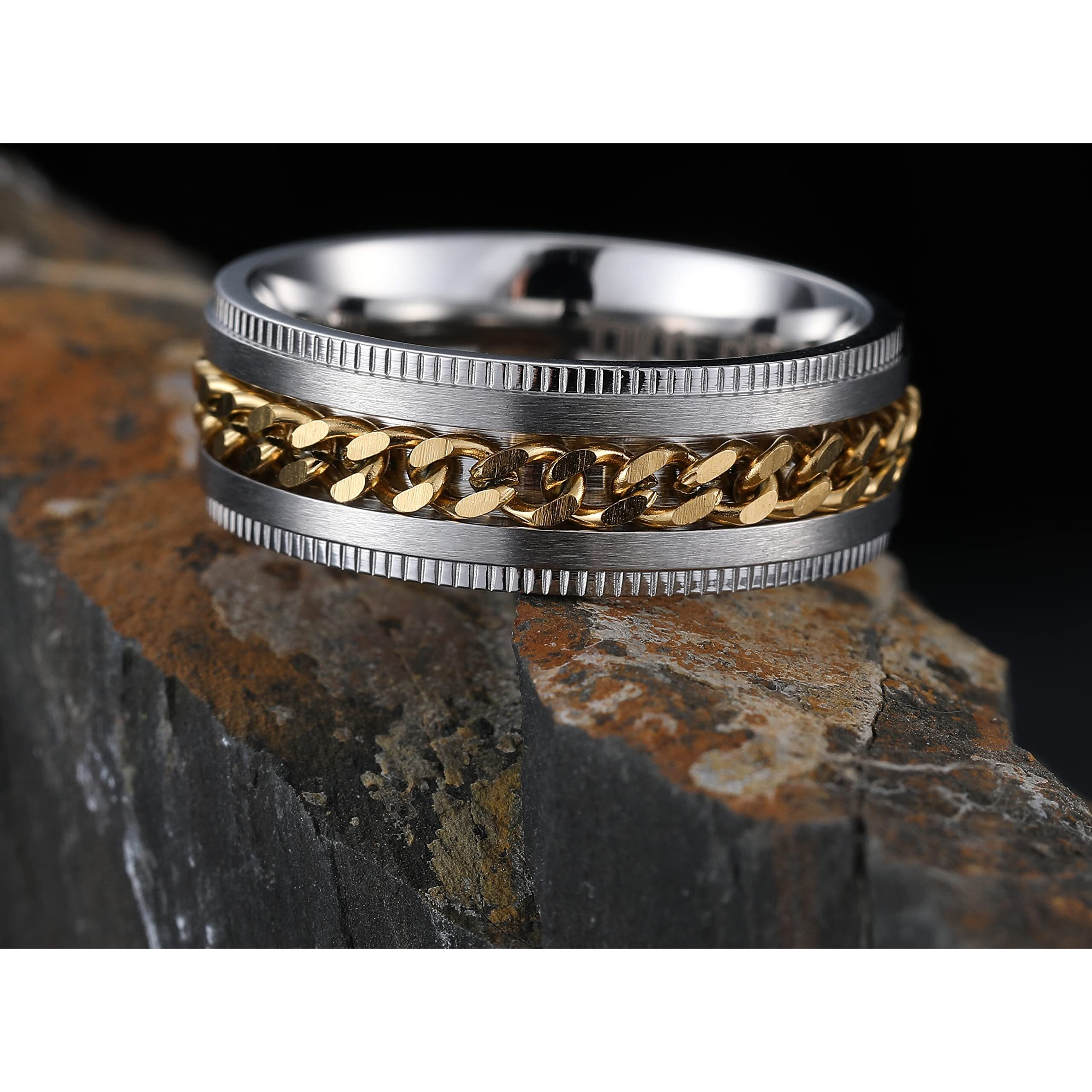 King Will Intertwine 8Mm Silver Spinner Ring Stainless Steel Fidget Ring Anxiety Ring For Men Gold Curb Chain Inlay 14