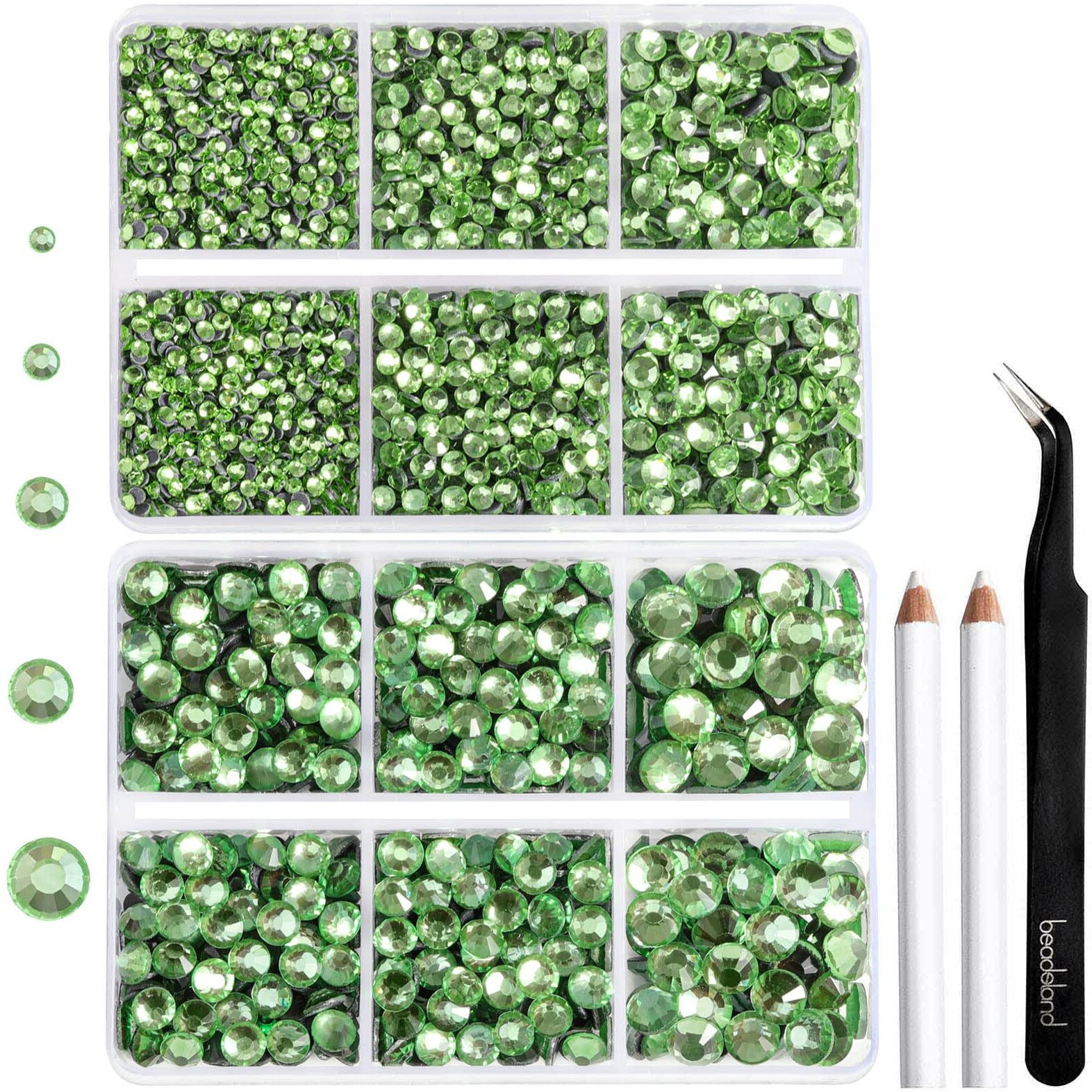 6736Pcs Hotfix Rhinestones Flatback,Light Green Rhinestones For Crafts Clothes Mixed 5 Sizes, Hotfix Crystals With Tweezers And Wax Pencil Kit, Ss6-Ss30,Peridot/Light Green